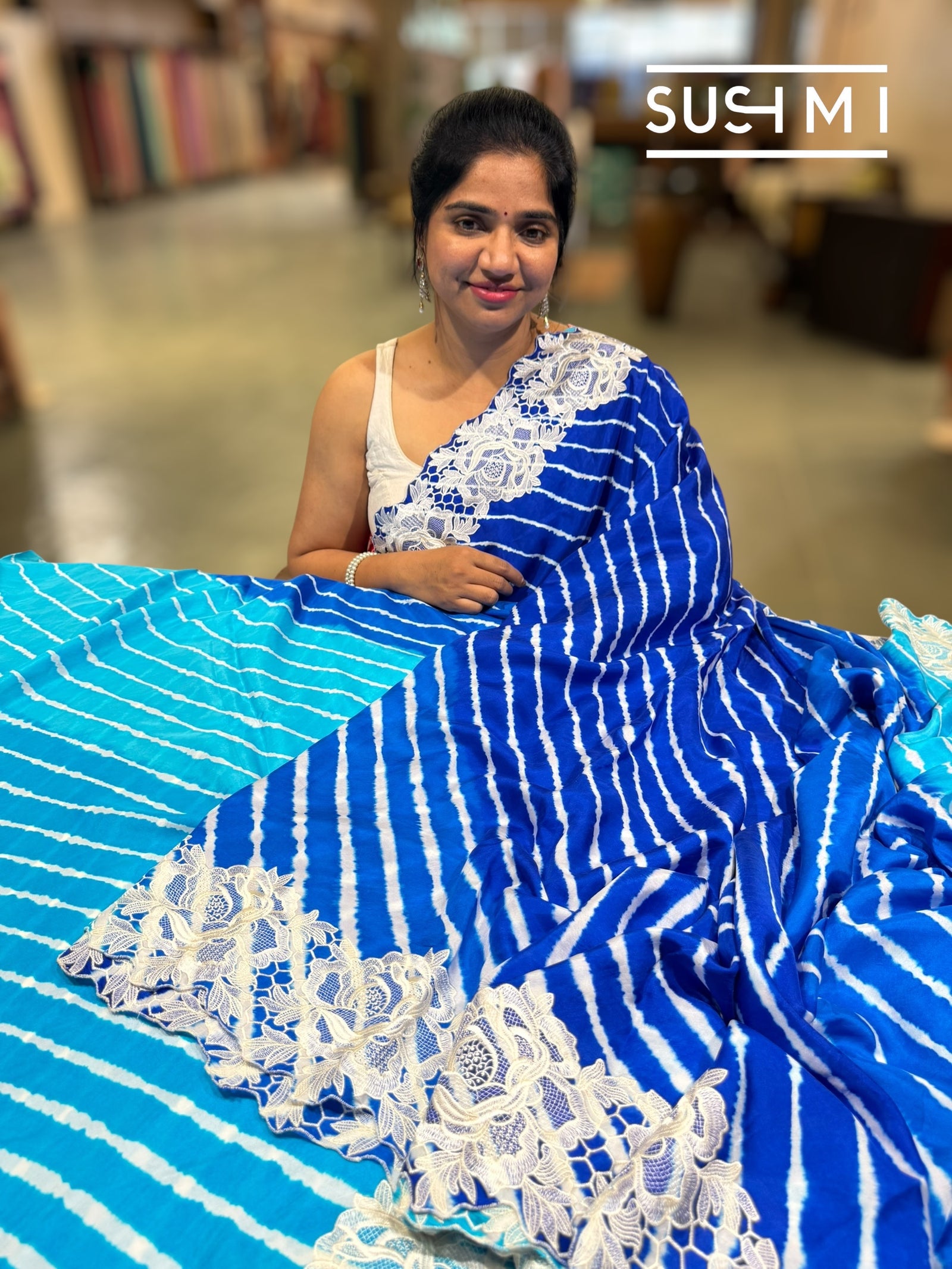 Electric Blue Ombre dyed habutai satin Silk lehariya Saree S62F064