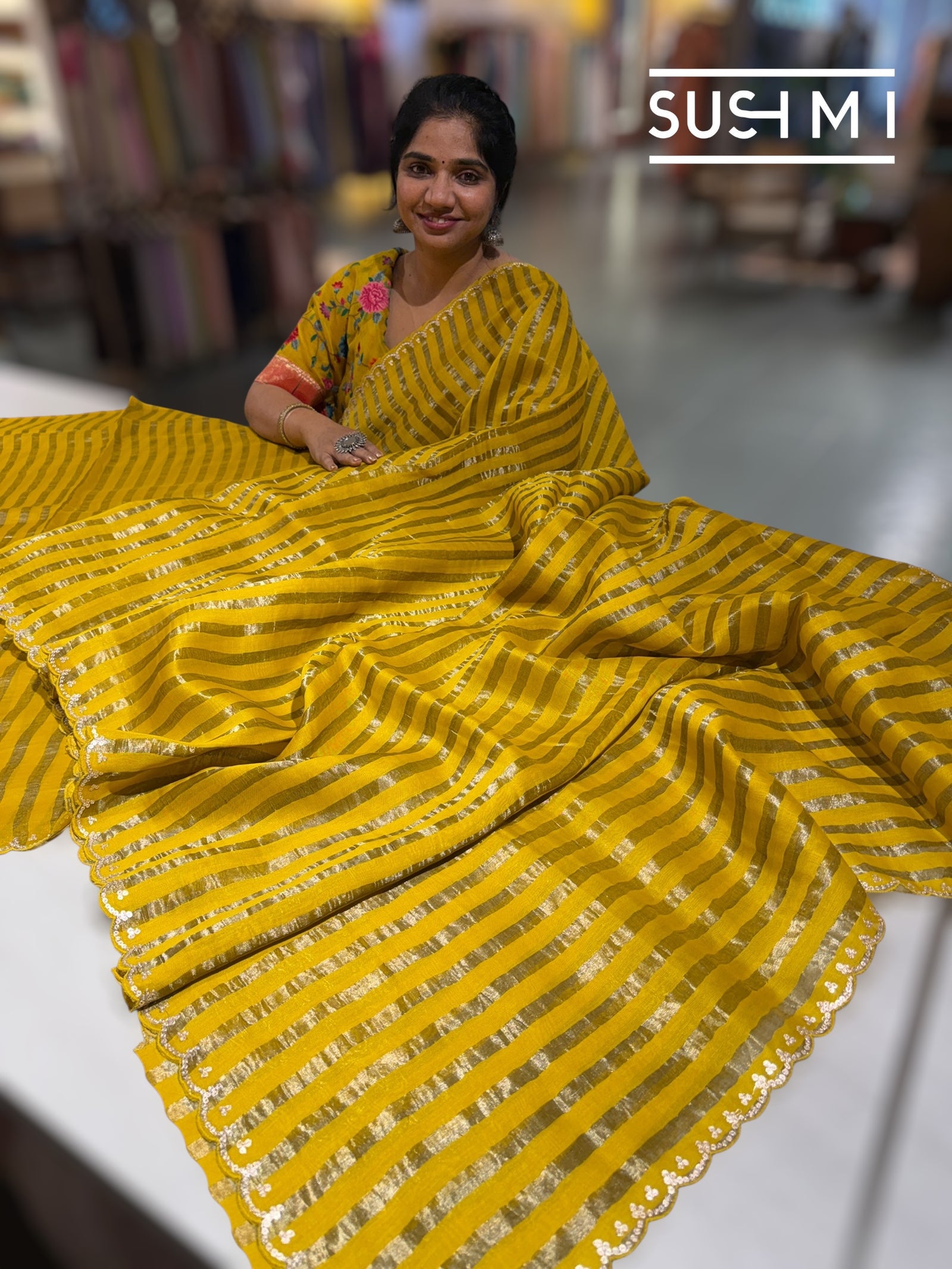 Mango Yellow Mul tissue stripes saree with fusion blouse : D62135