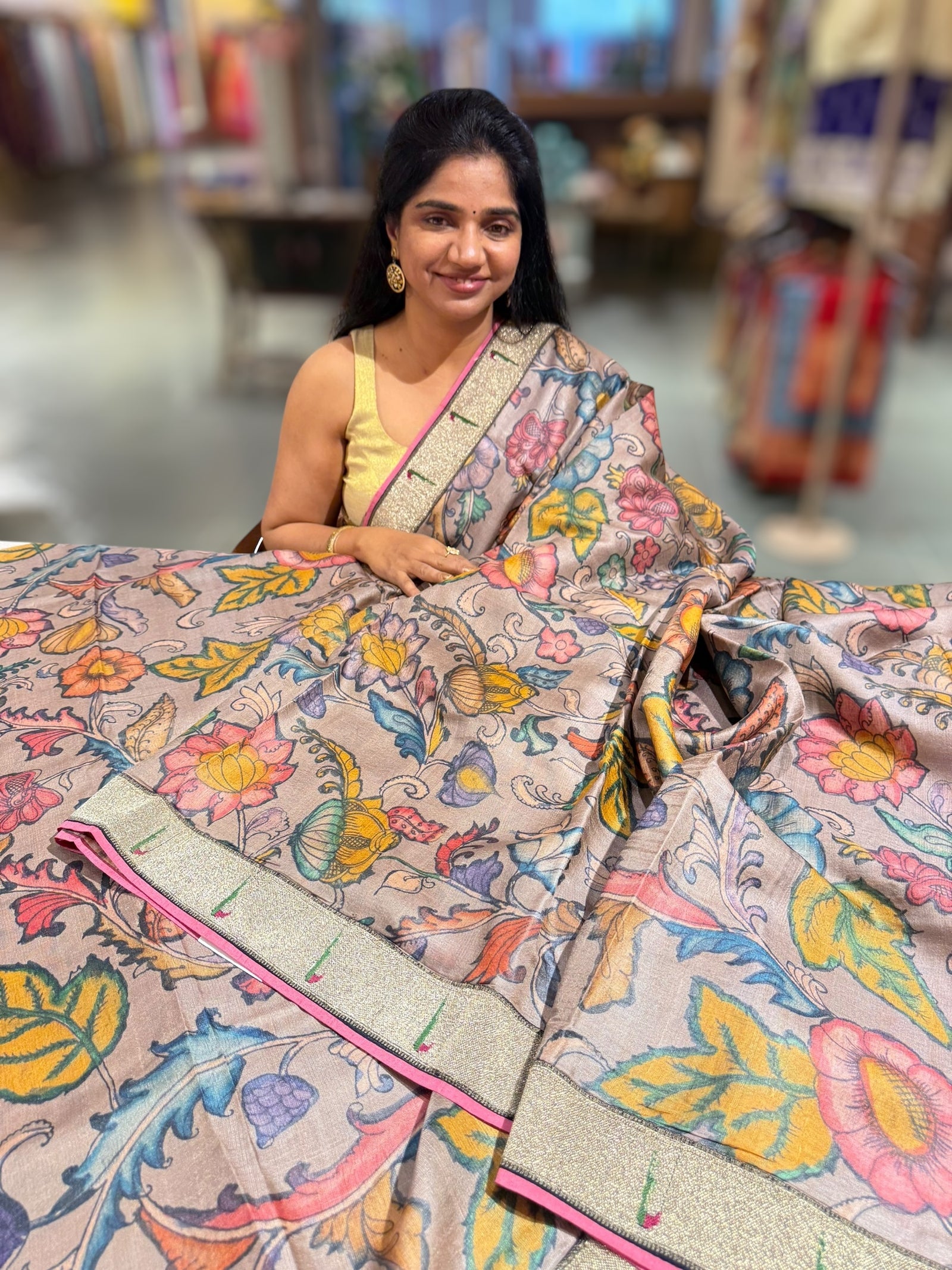 Pure Handloom Tussar kalamkari Saree with pythani single muniya borders