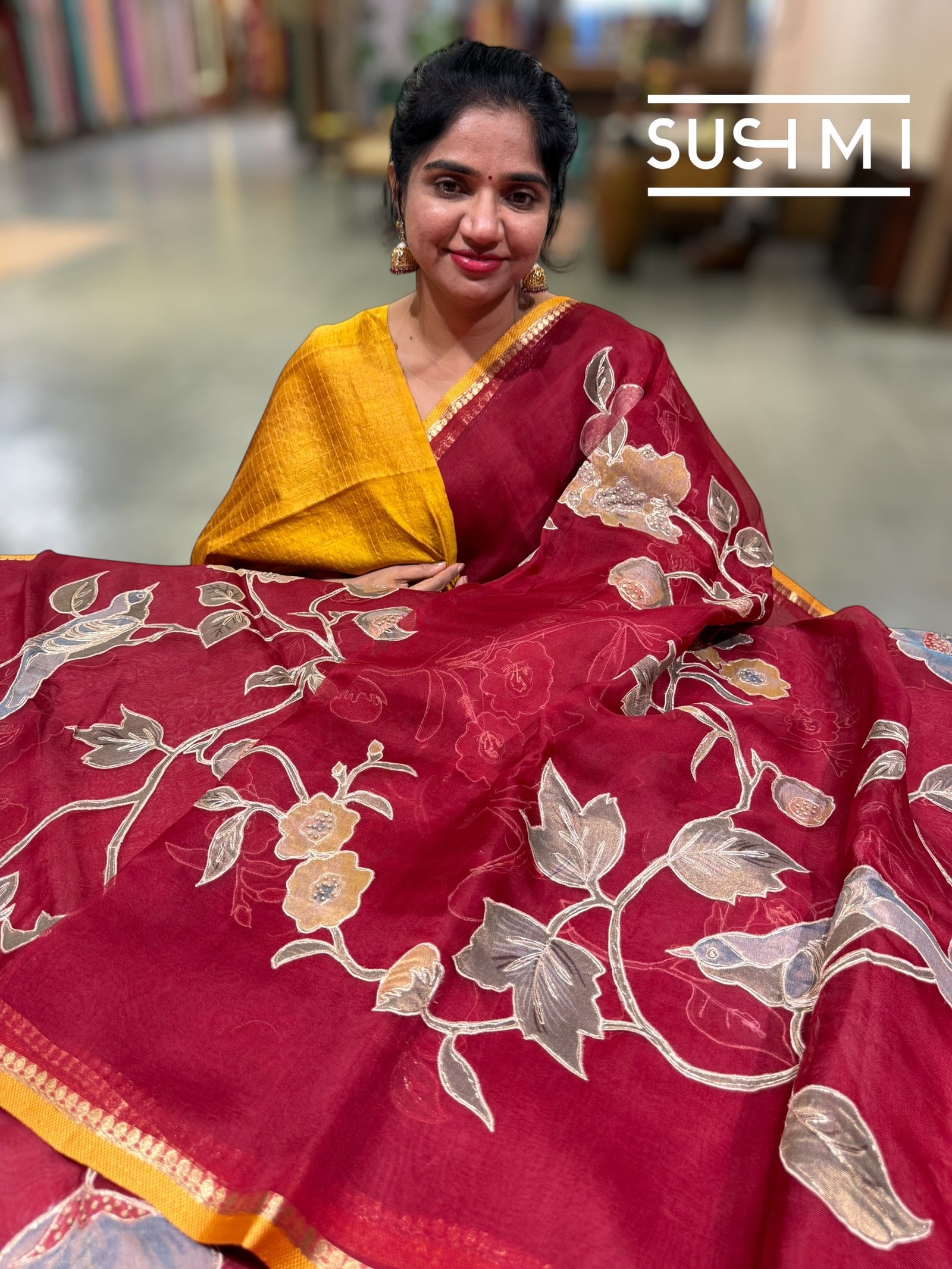 Dark Red Designer Organza with Tissue applique work : S62F096