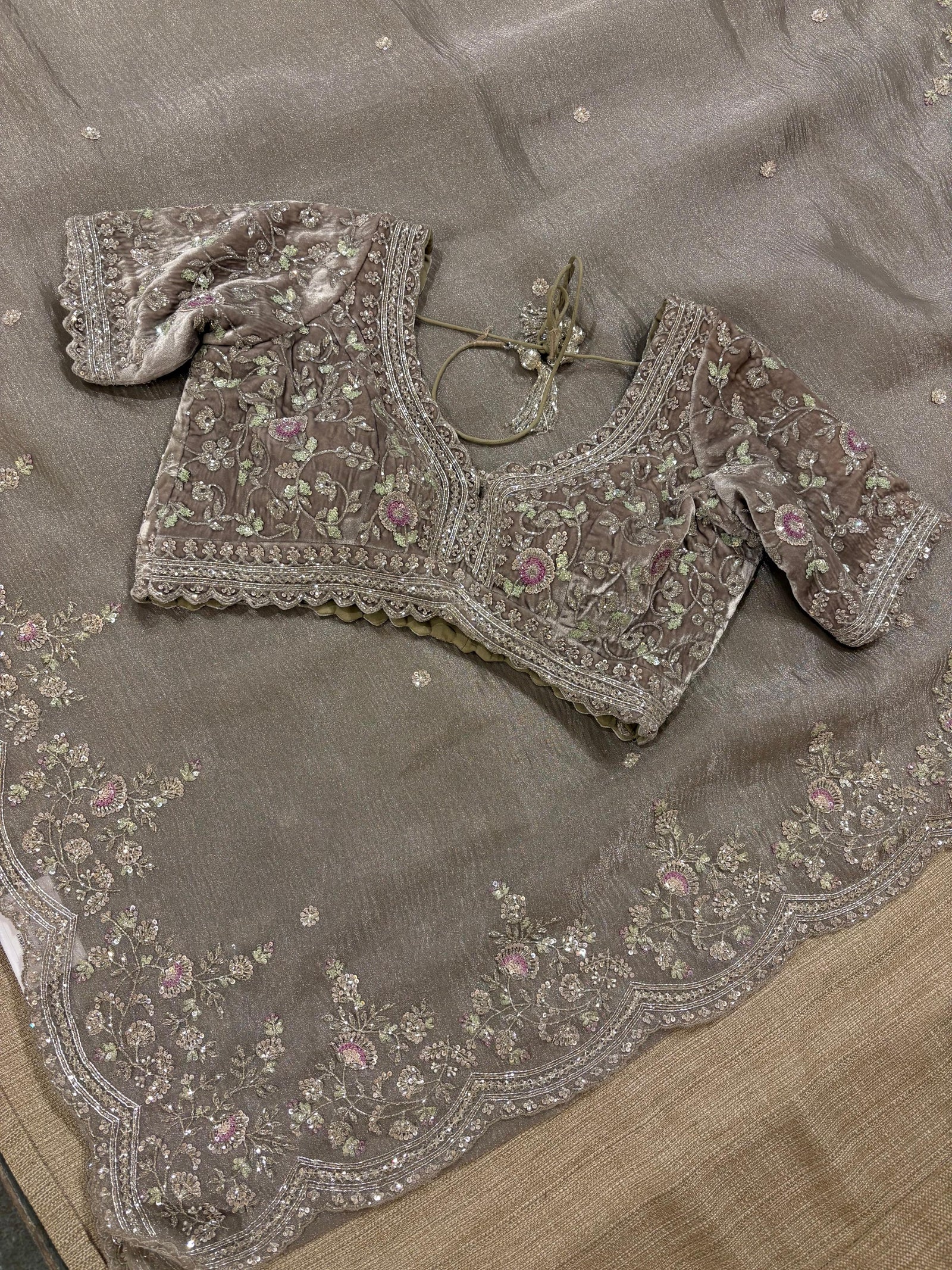 Greyish silver Crush Tissue handwork Saree