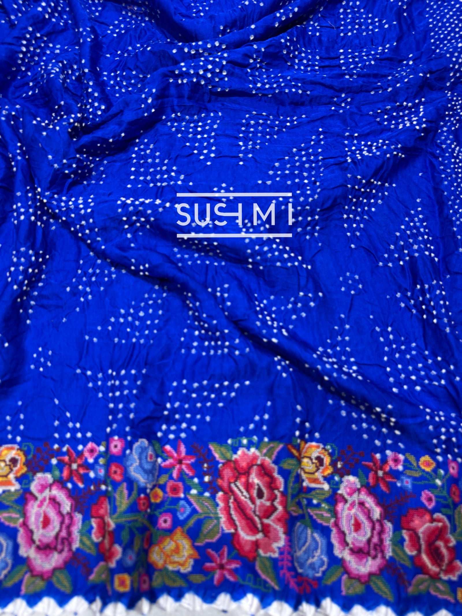 Electric Blue Pure Gajji Silk Rai bandhej Saree with petite point embroidery : SM081