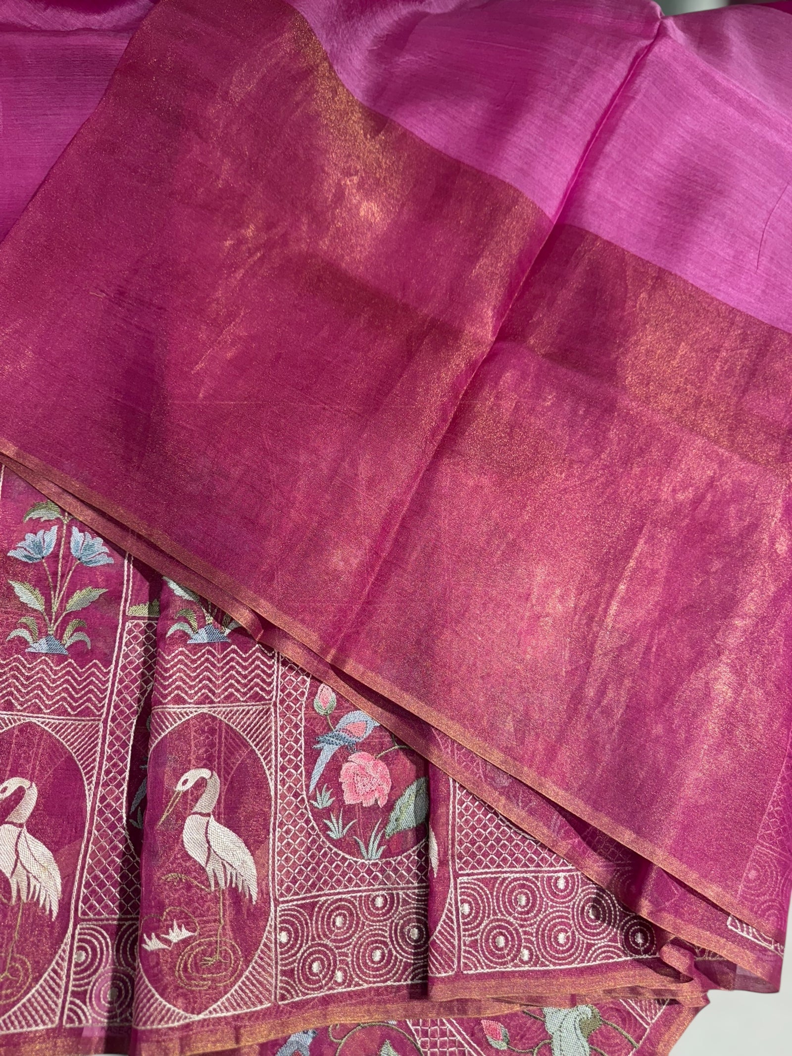 Majenta Pink Kora-Tussar blend Handloom Saree with Tissue embroidered Skirt Border
