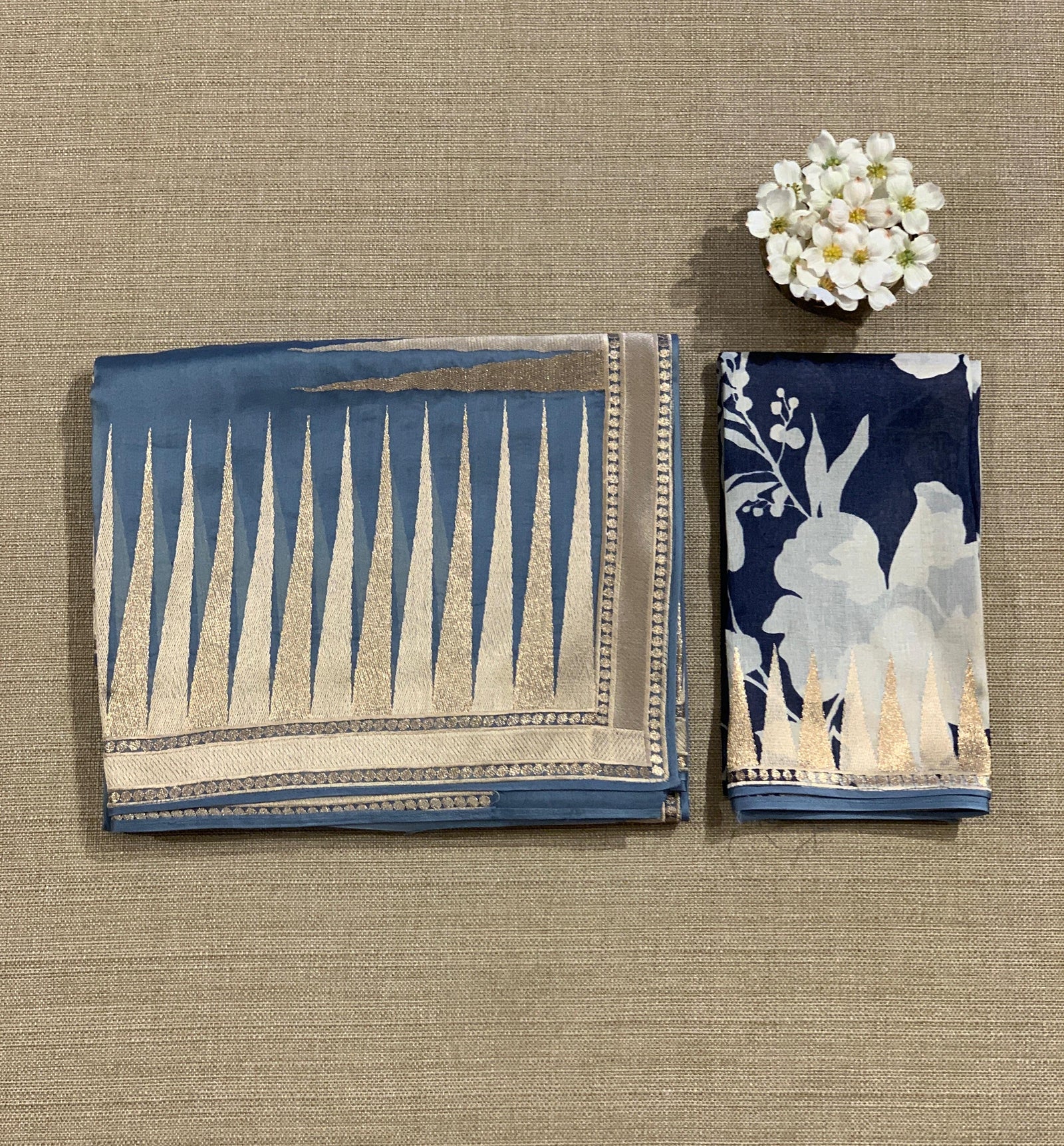 Greysih Blue Pure Organza With Temple Embroidered Border & Tussar Printed Blouse