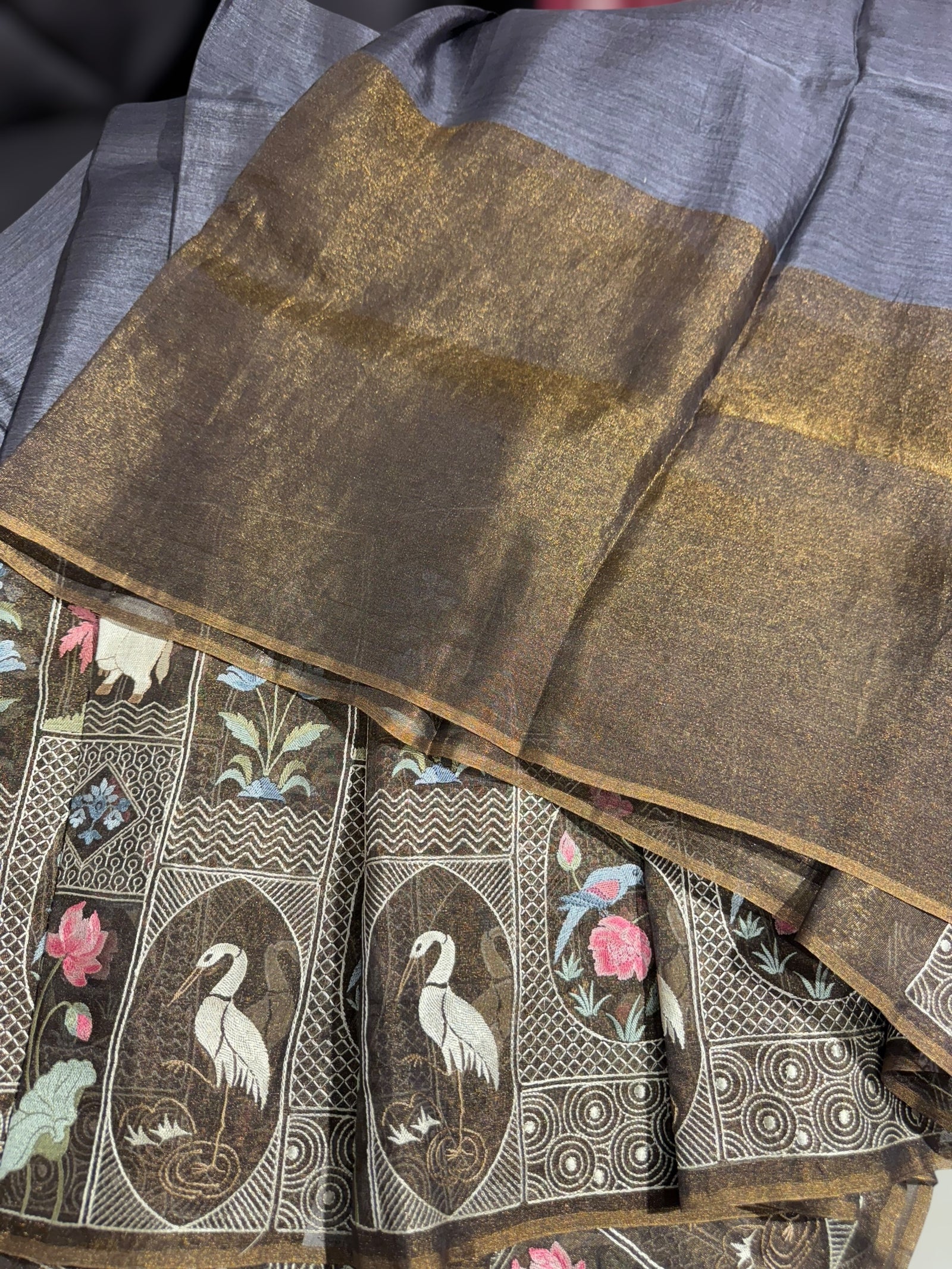 Black Kora-Tussar blend Handloom Saree with Tissue embroidered Skirt Border