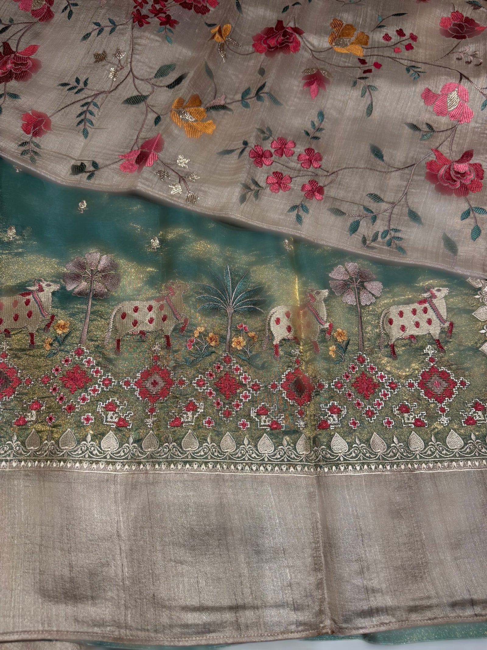 Mint Green Designer Tissue Saree