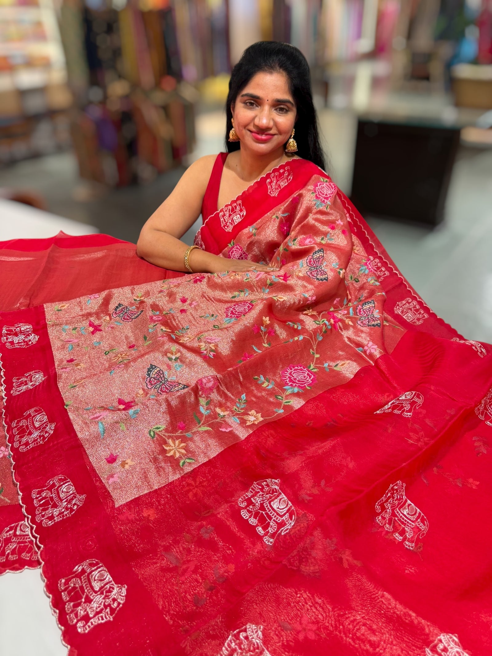Red Premium Handloom Designer Tissue saree with exquisite embroidery