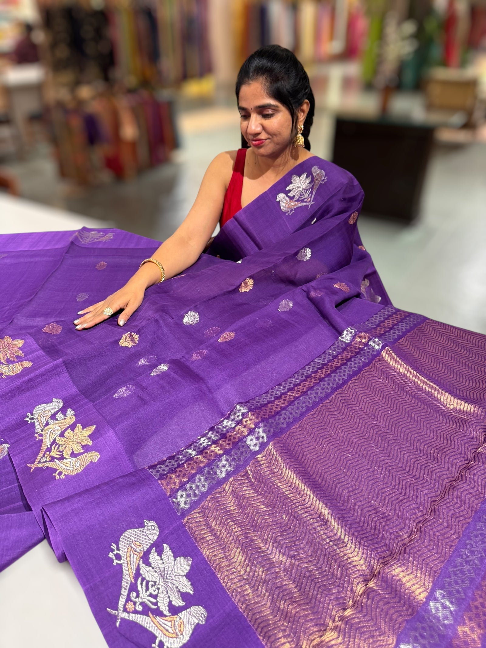 Brinjal Kora muslin sarees with kaduwa woven nandi motif border