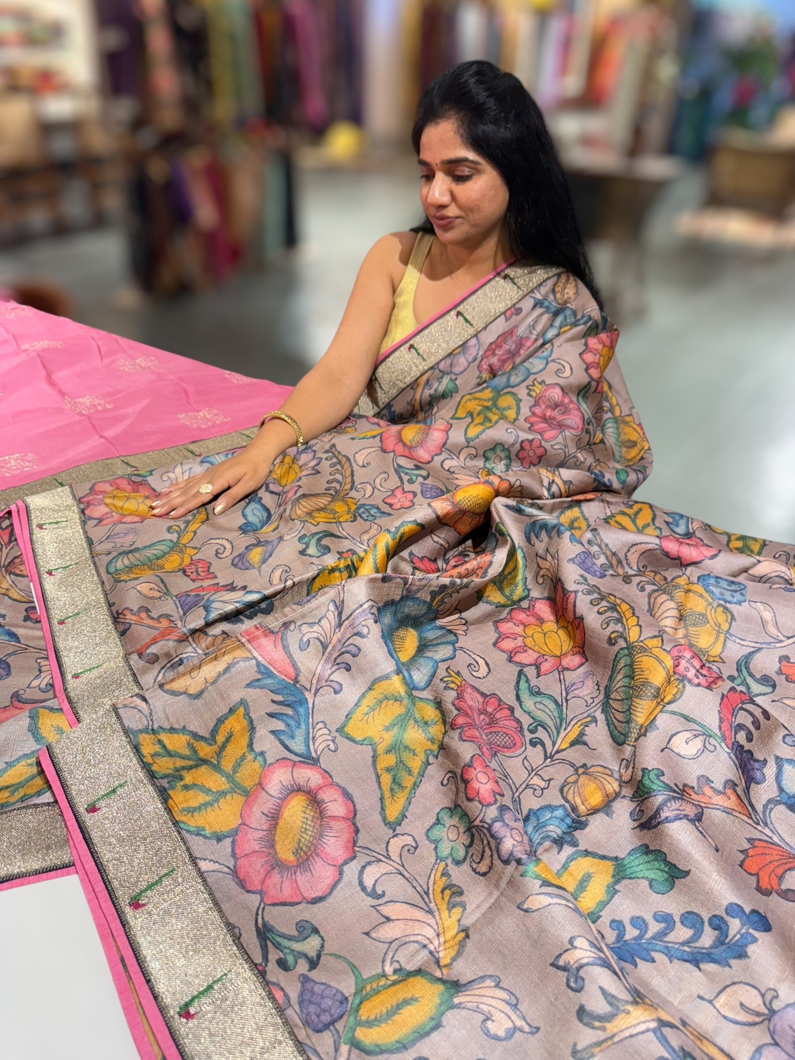 Pure Handloom Tussar kalamkari Saree with pythani single muniya borders