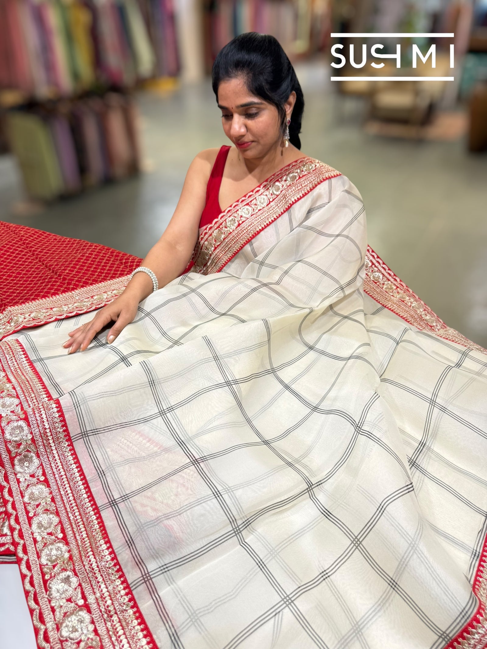 Ivory checks Organza with Sabhya inspired borders : S62F069