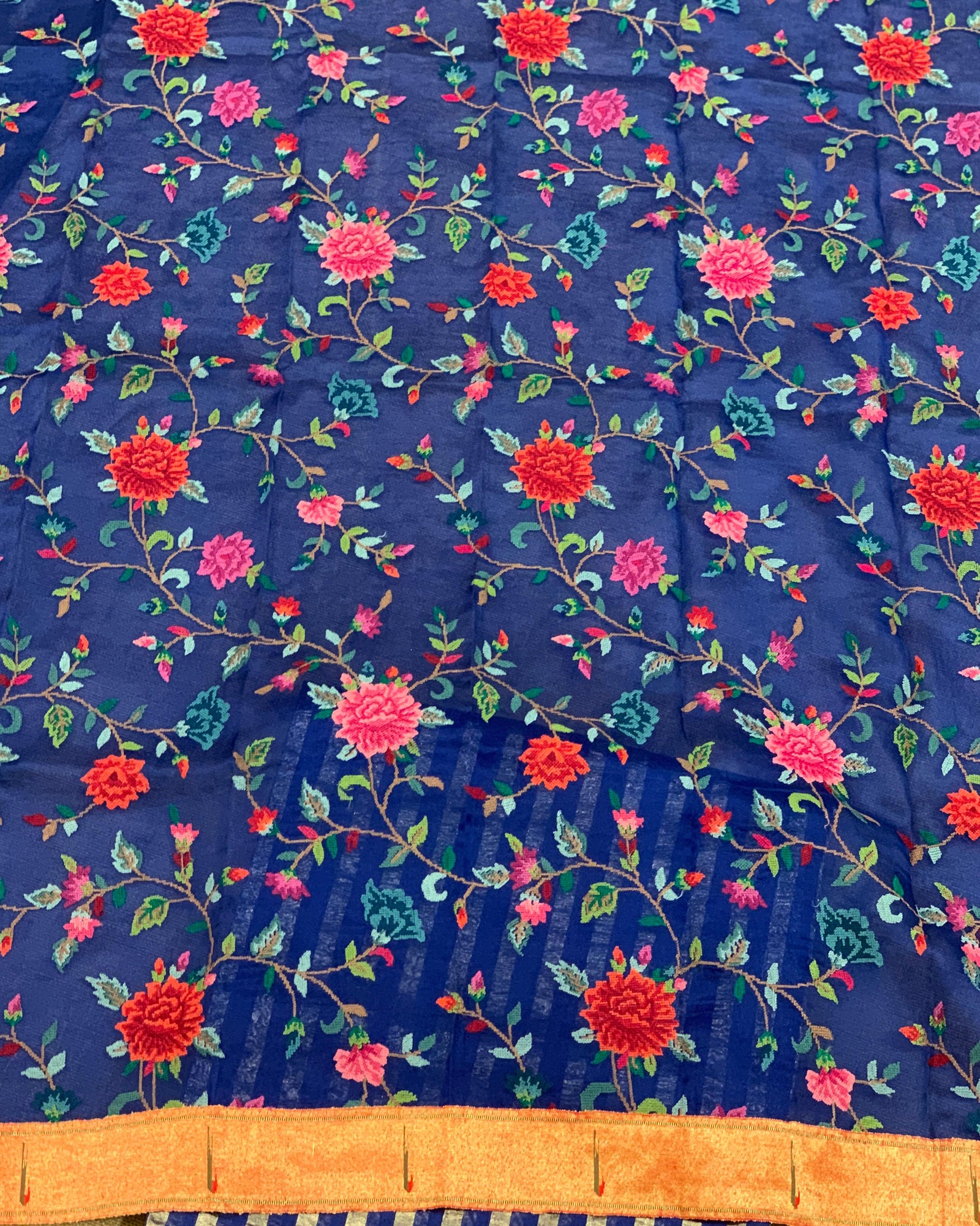 Electric Blue Mul tissue stripes saree with fusion blouse : D62139