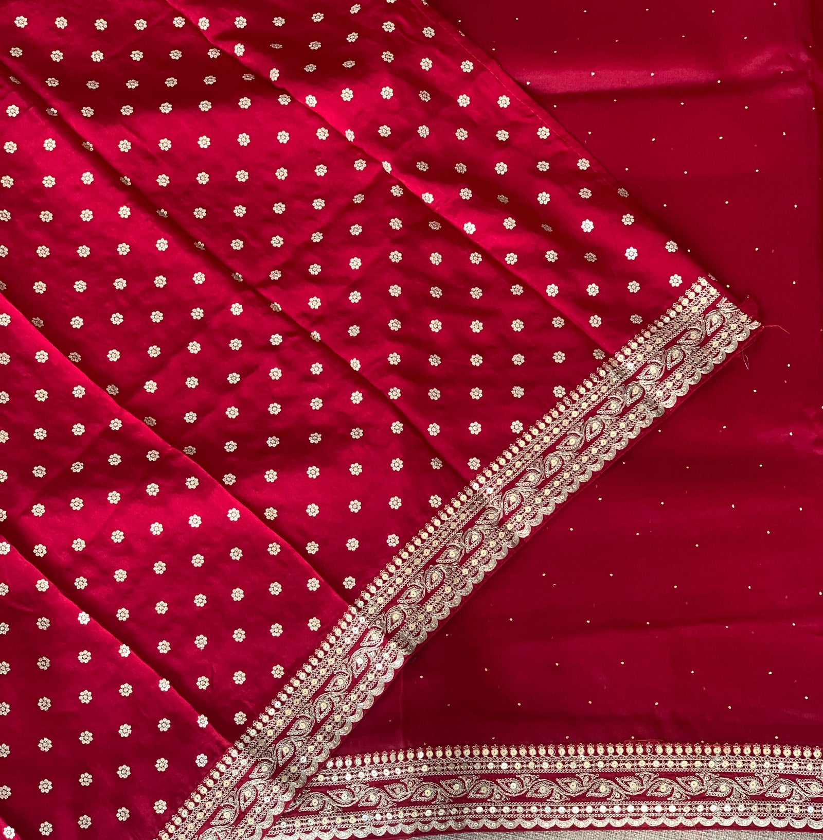 Maroon Red Pure Organza Saree with allover mukaish work & sabyasachi borders