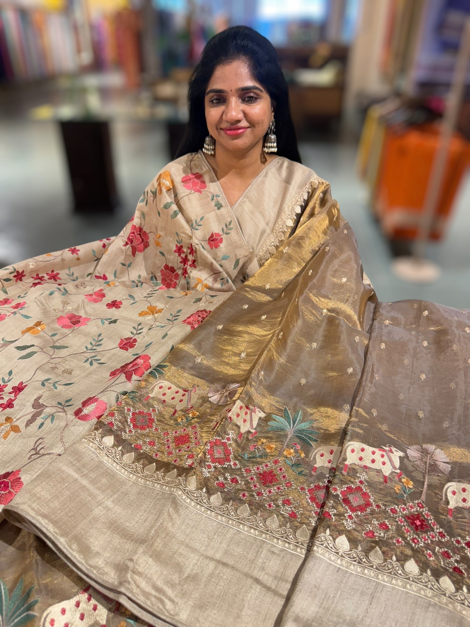 Antique Gold Designer Tissue Saree