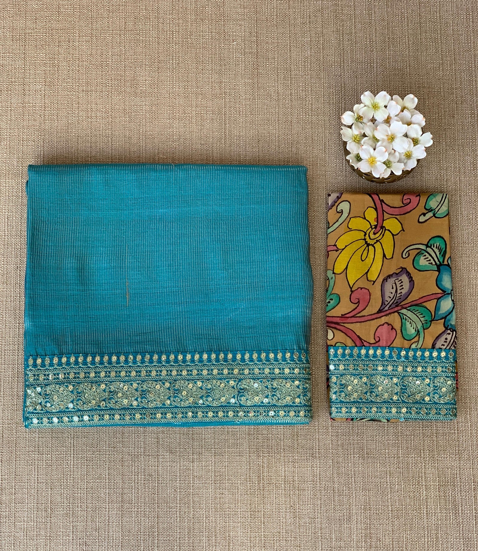 Copper sulphate kora Muslin Tissue fusion saree