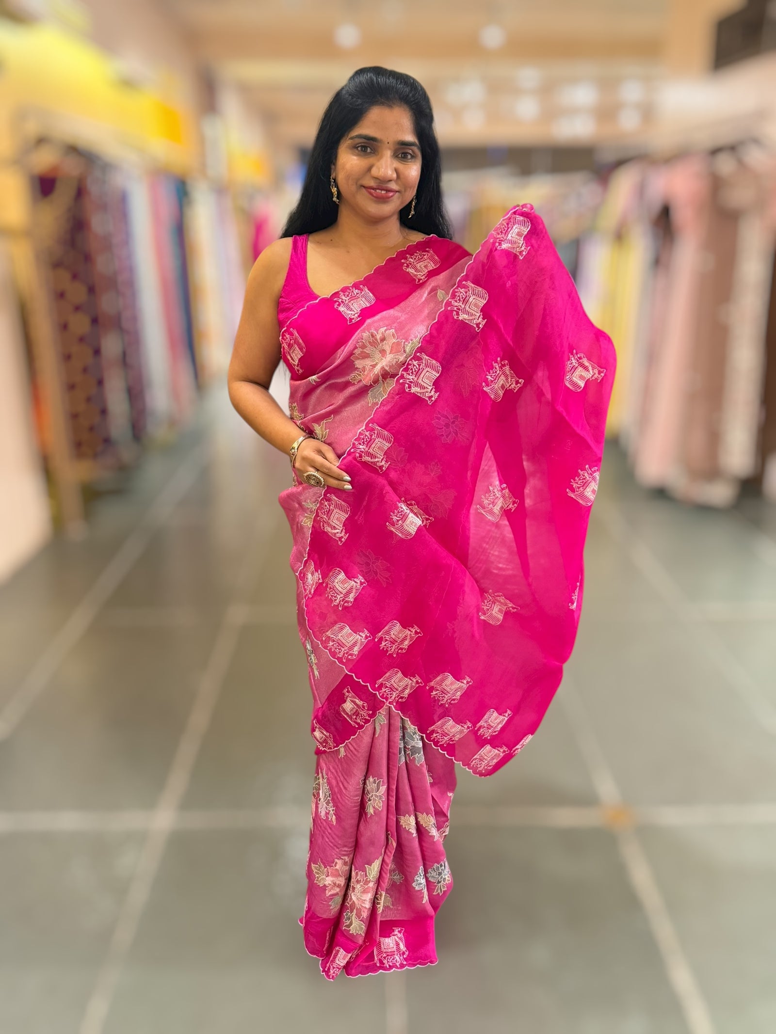 Fushcia Pink Premium Handloom Designer Tissue saree with exquisite embroidery
