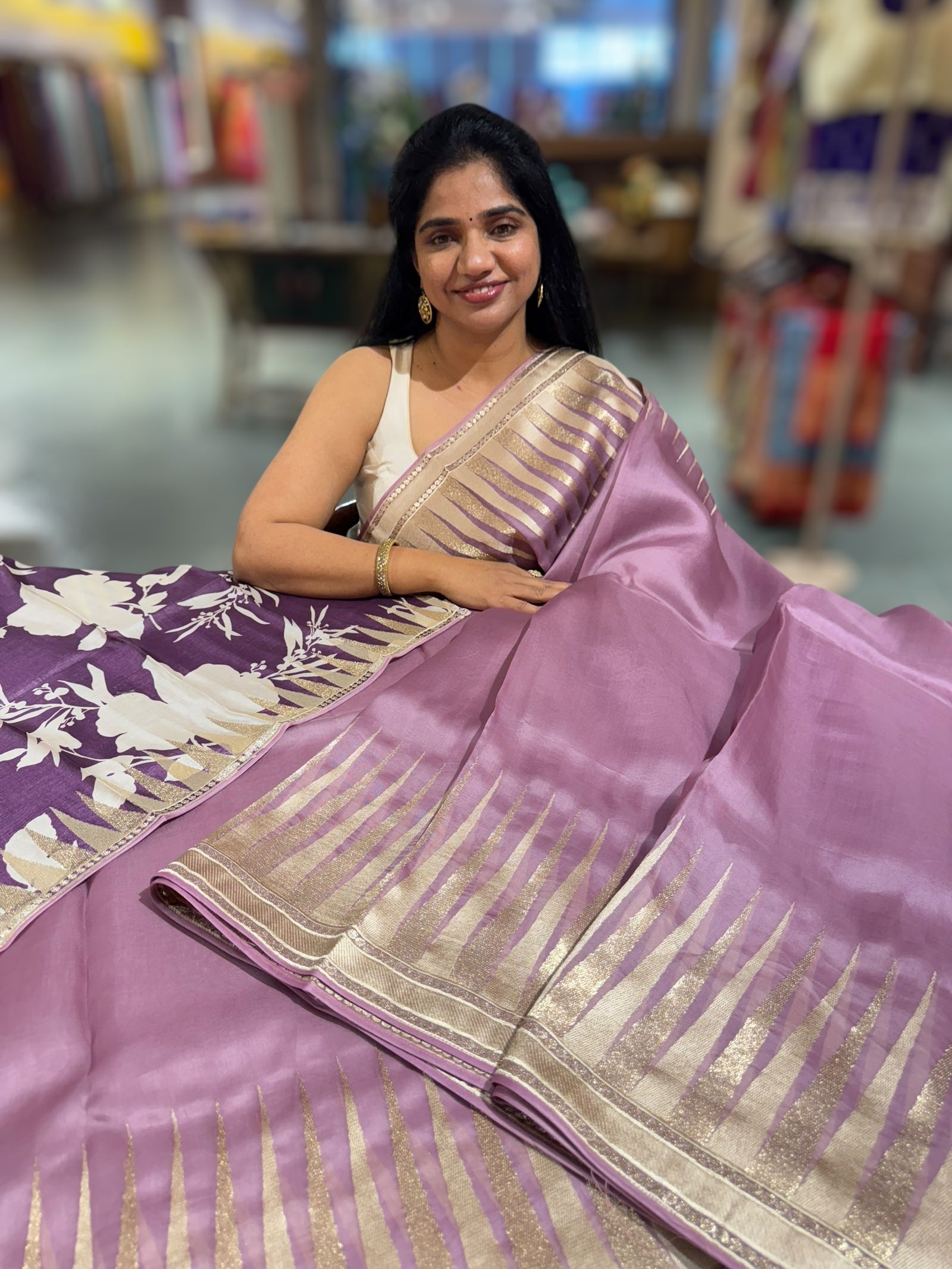 Mauve Pure Organza With Temple Embroidered Border & Tussar Printed Blouse