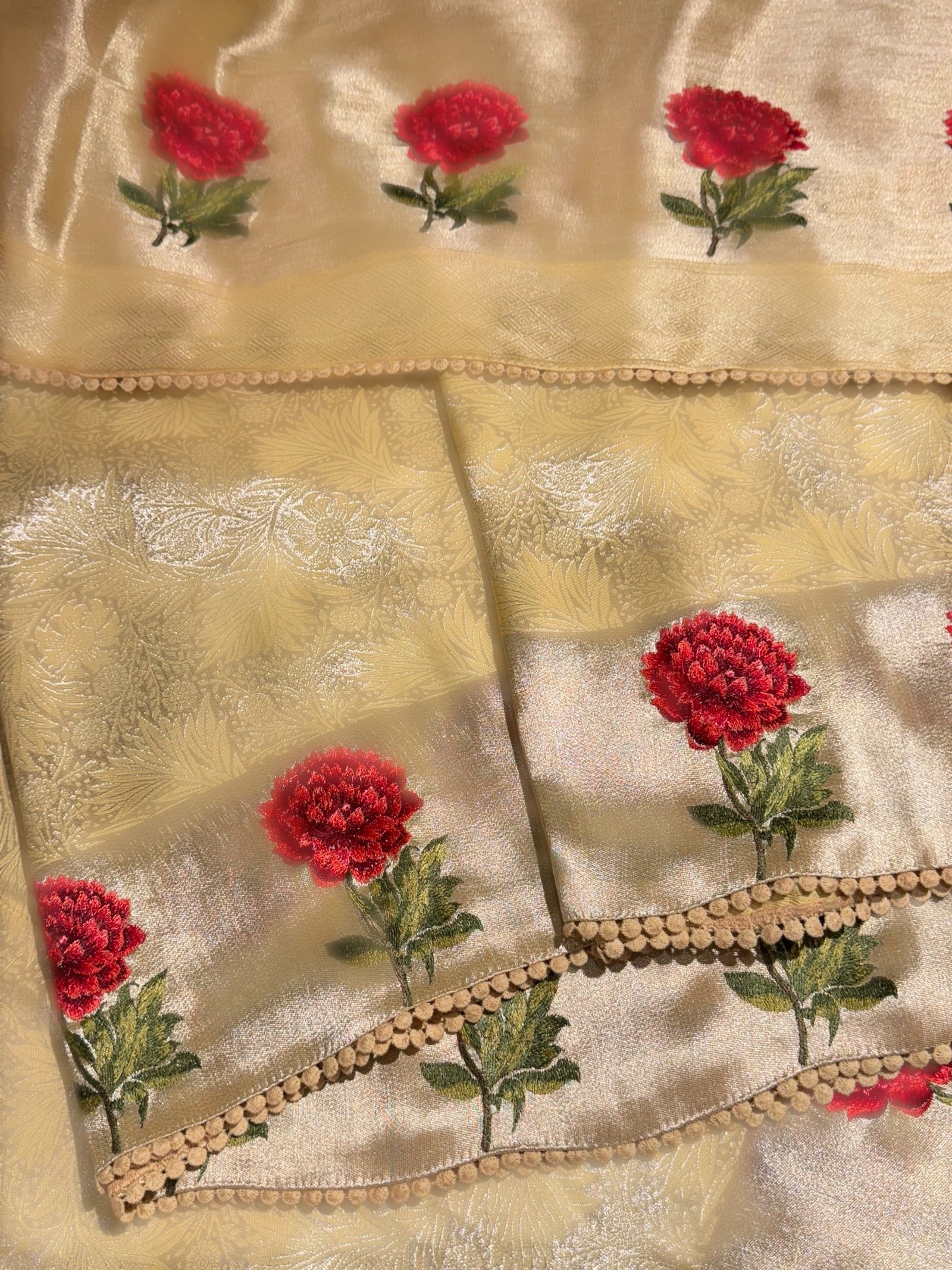 Pastel yellow Banarasi Brocade tissue saree with tonchui style weaving & embroidered dahlia flower border