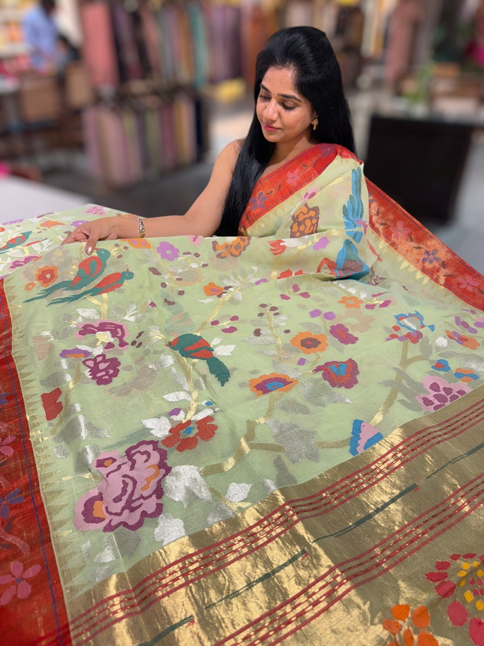 Mint allover ponduru khadi jamdani with paithani borders & Pallu