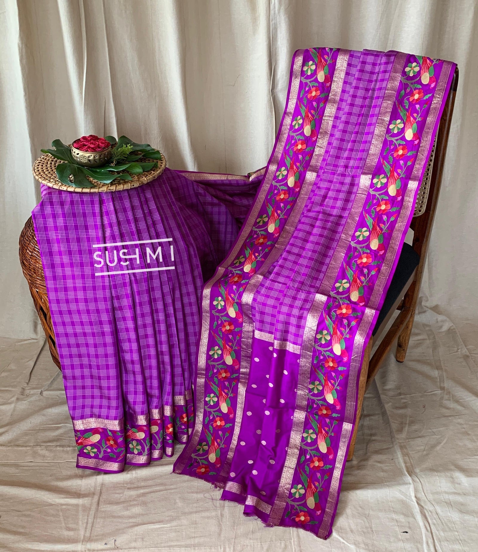 Majenta Vintage checks Kanjeevaram soft silk saree with embroidery D62F041