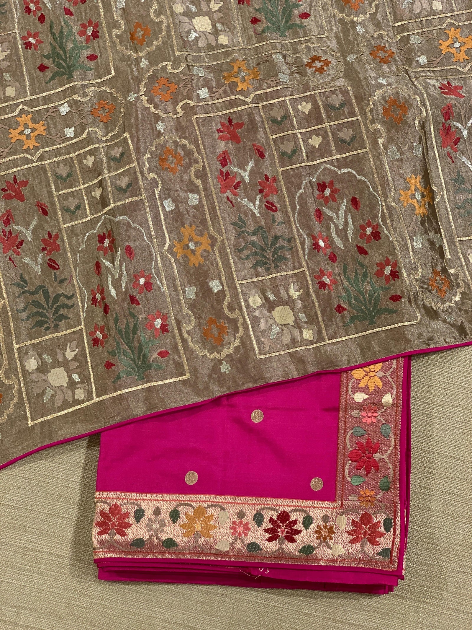 Rani Pink Kanchi soft silk saree with pythani and jamdani inspired embroidery