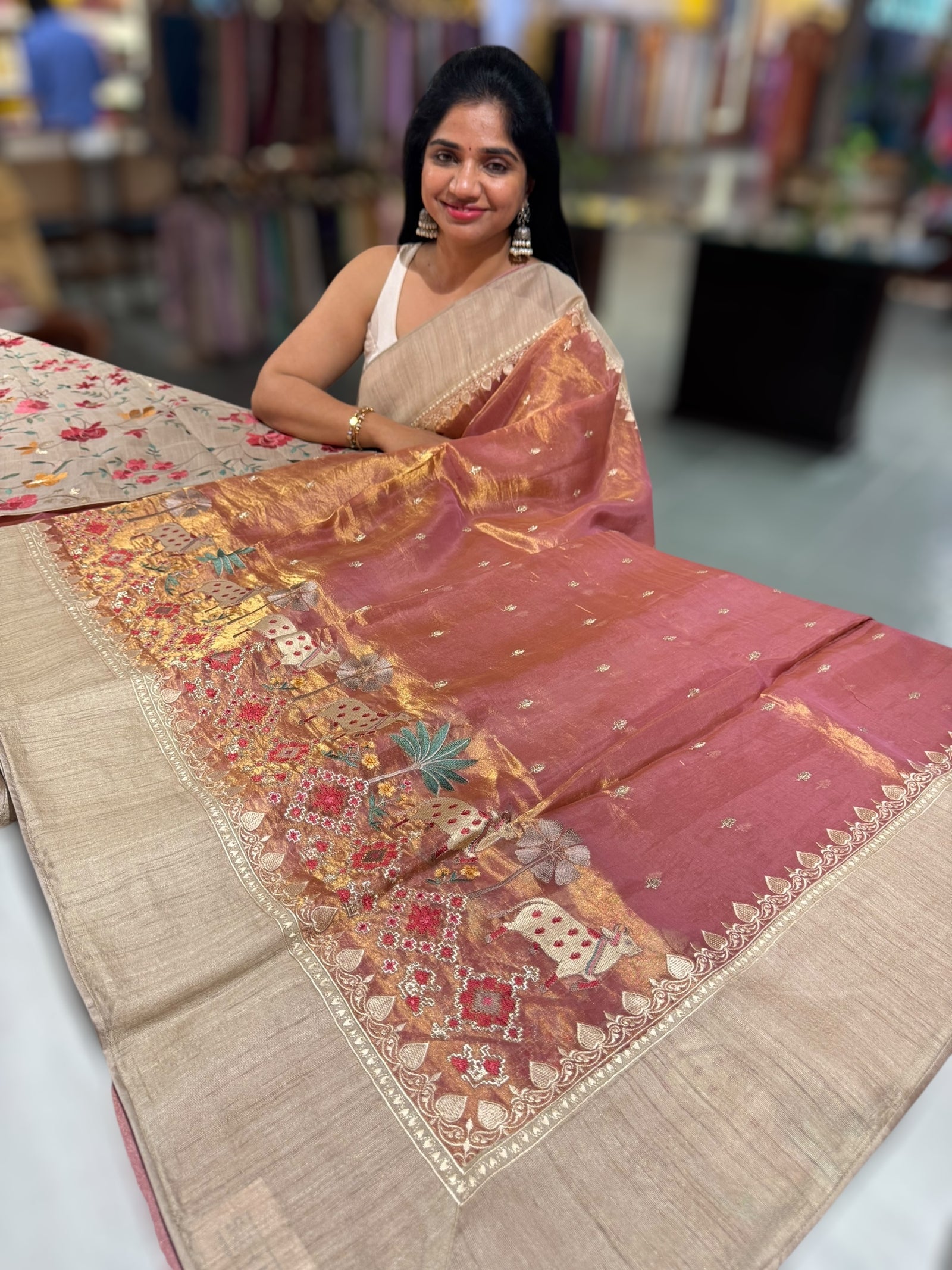 Onion Pink Designer Tissue Saree