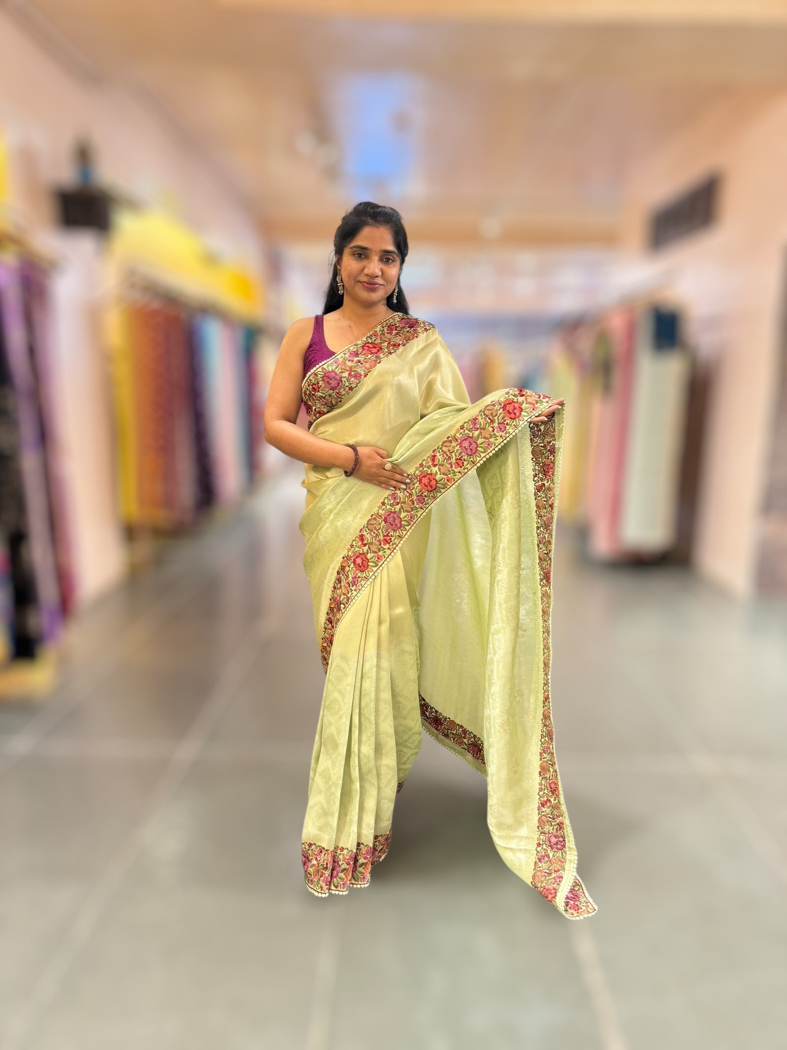 Mint Green Banarasi Brocade tissue saree with tonchui style weaving and parsi gara embroidered border