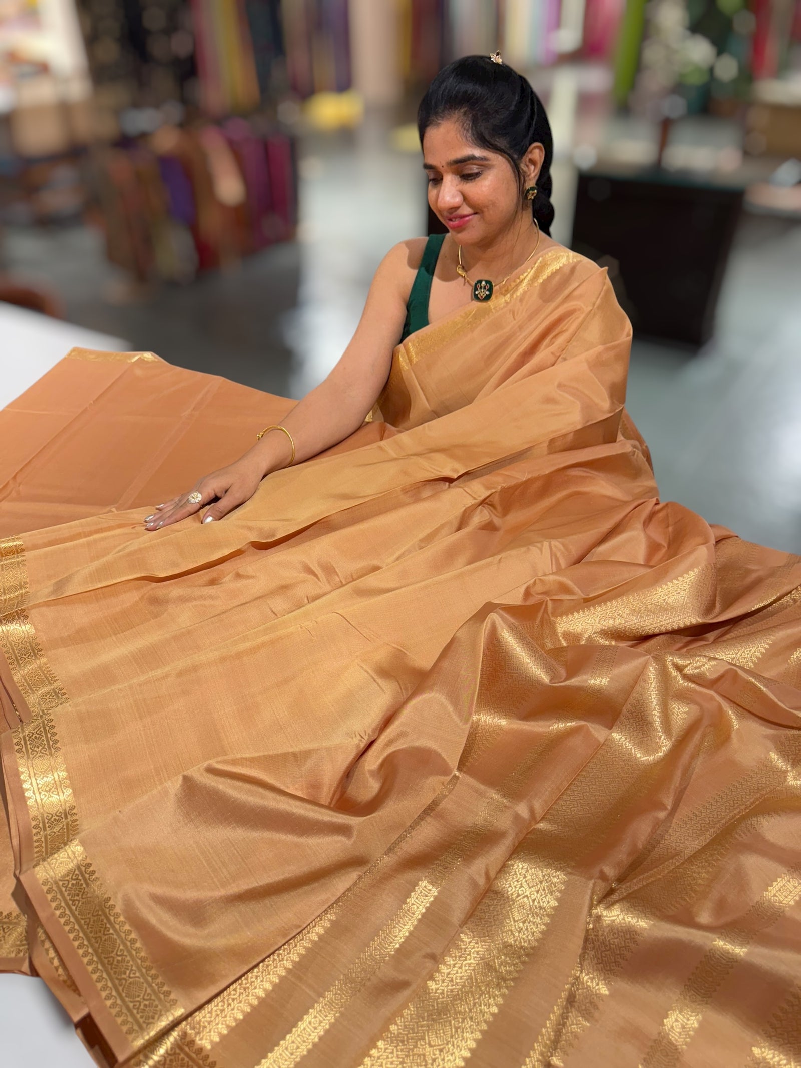 Sandalwood vintage Kanchipuram silk saree with pen kalamkari blouse