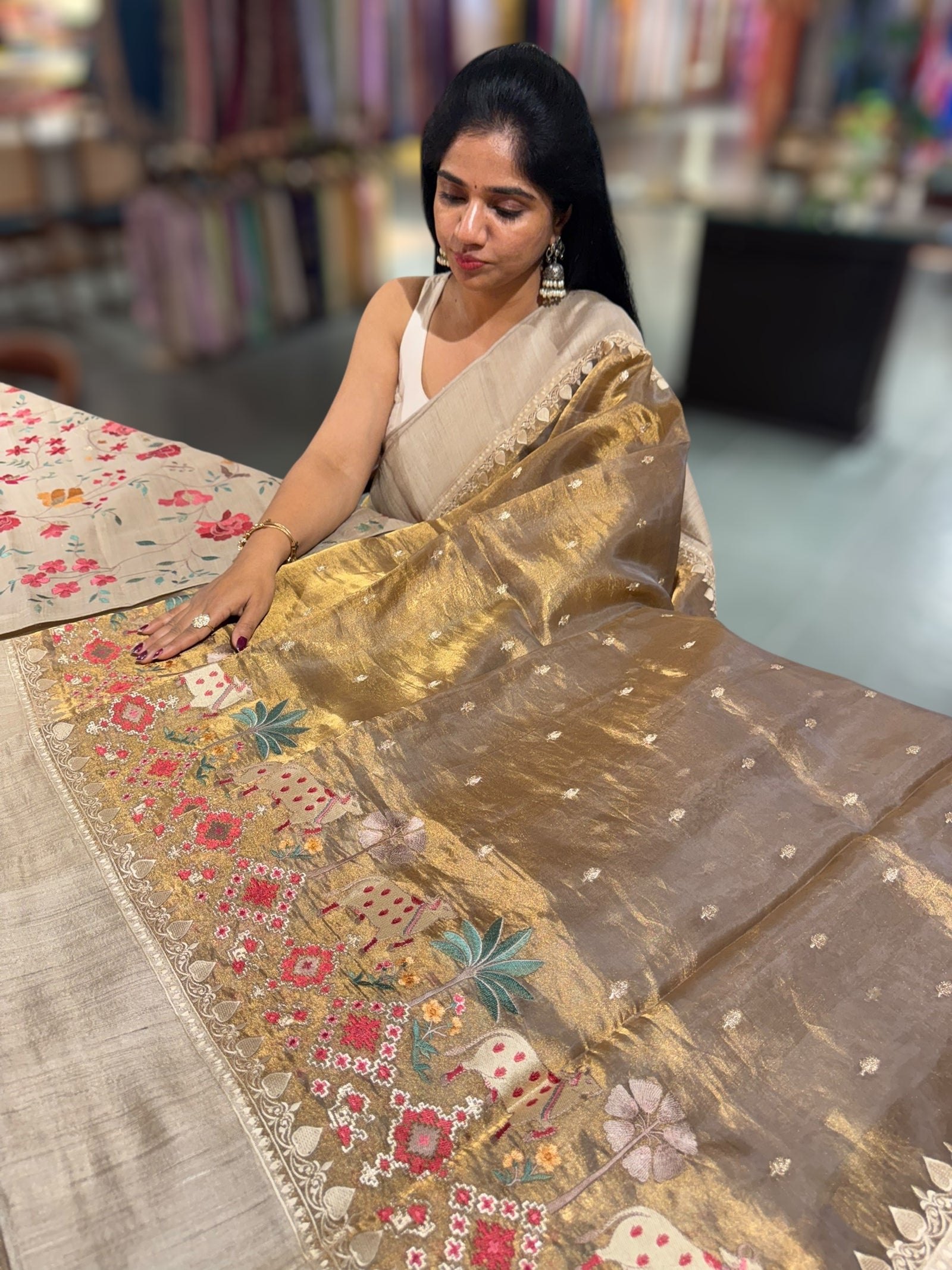 Antique Gold Designer Tissue Saree