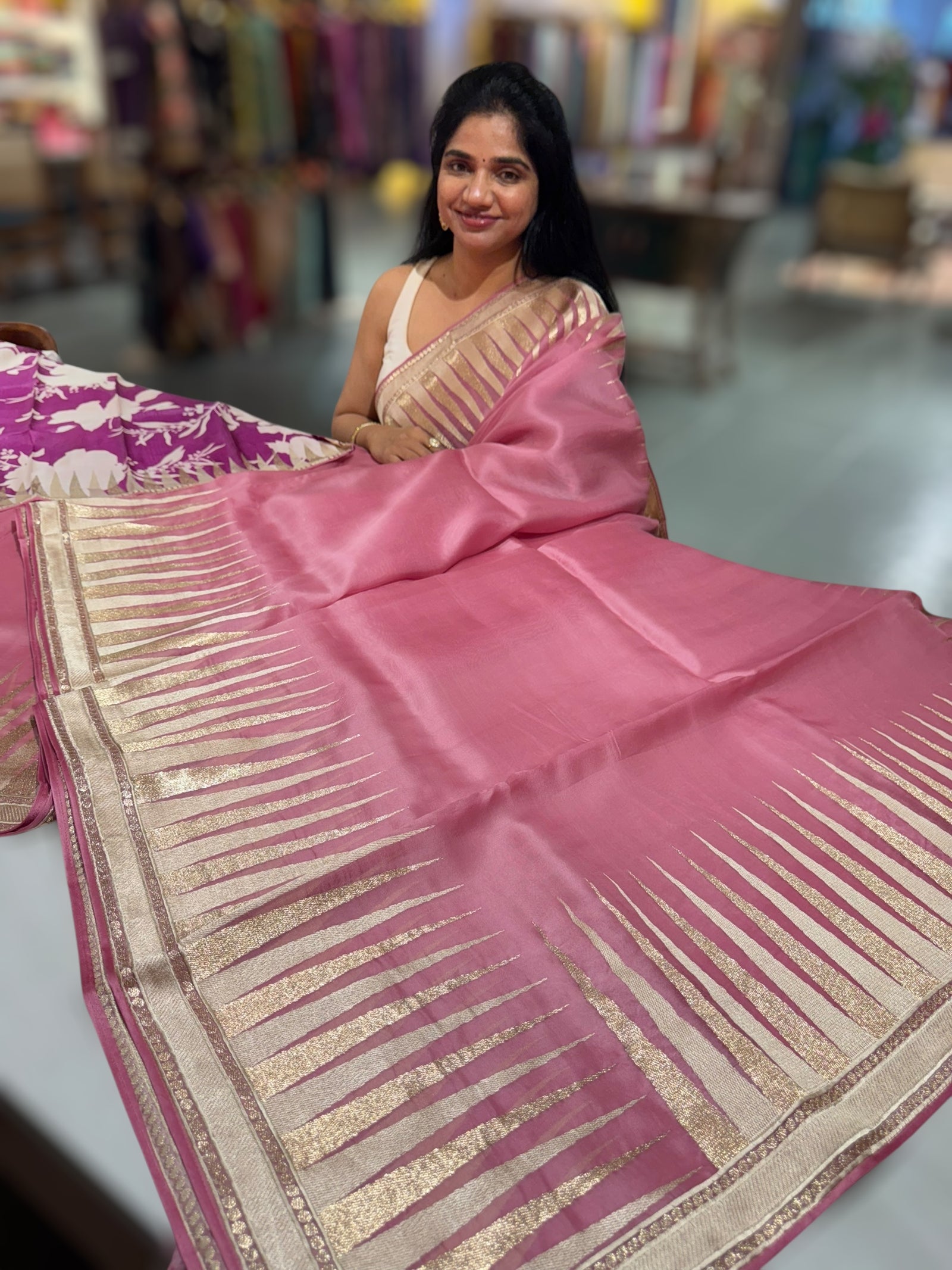 Blush Pink Pure Organza With Temple Embroidered Border & Tussar Printed Blouse
