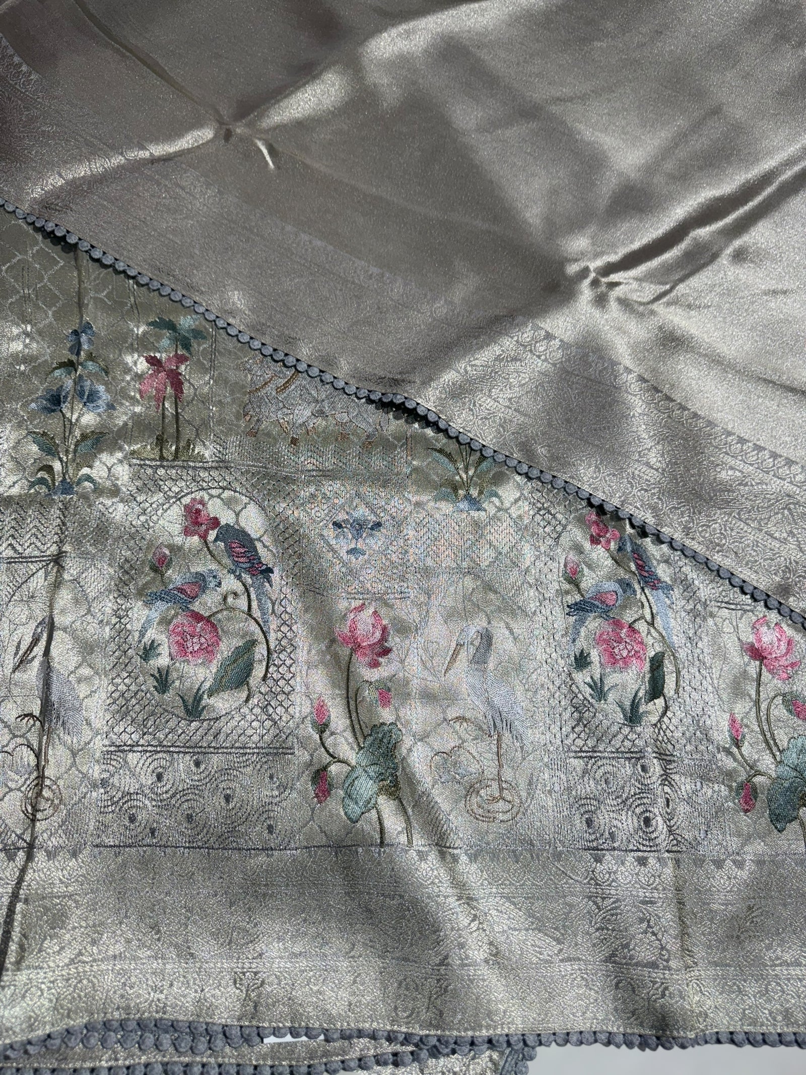 Silverish Grey Fancy Banarasi saree with embroidery