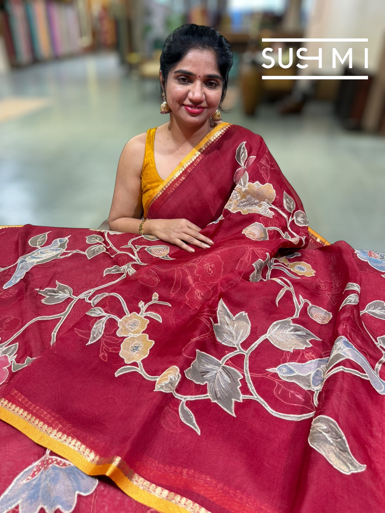 Dark Red Designer Organza with Tissue applique work : S62F096