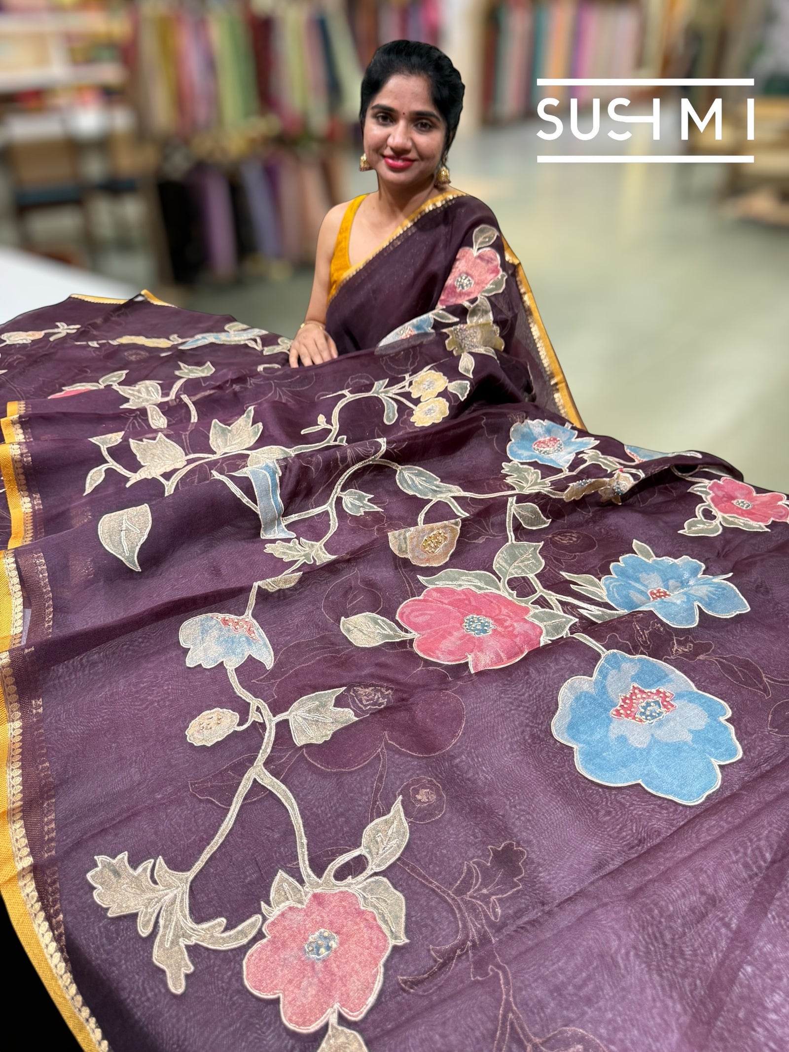 Winish Brown Designer Organza with Tissue applique work : S62F095