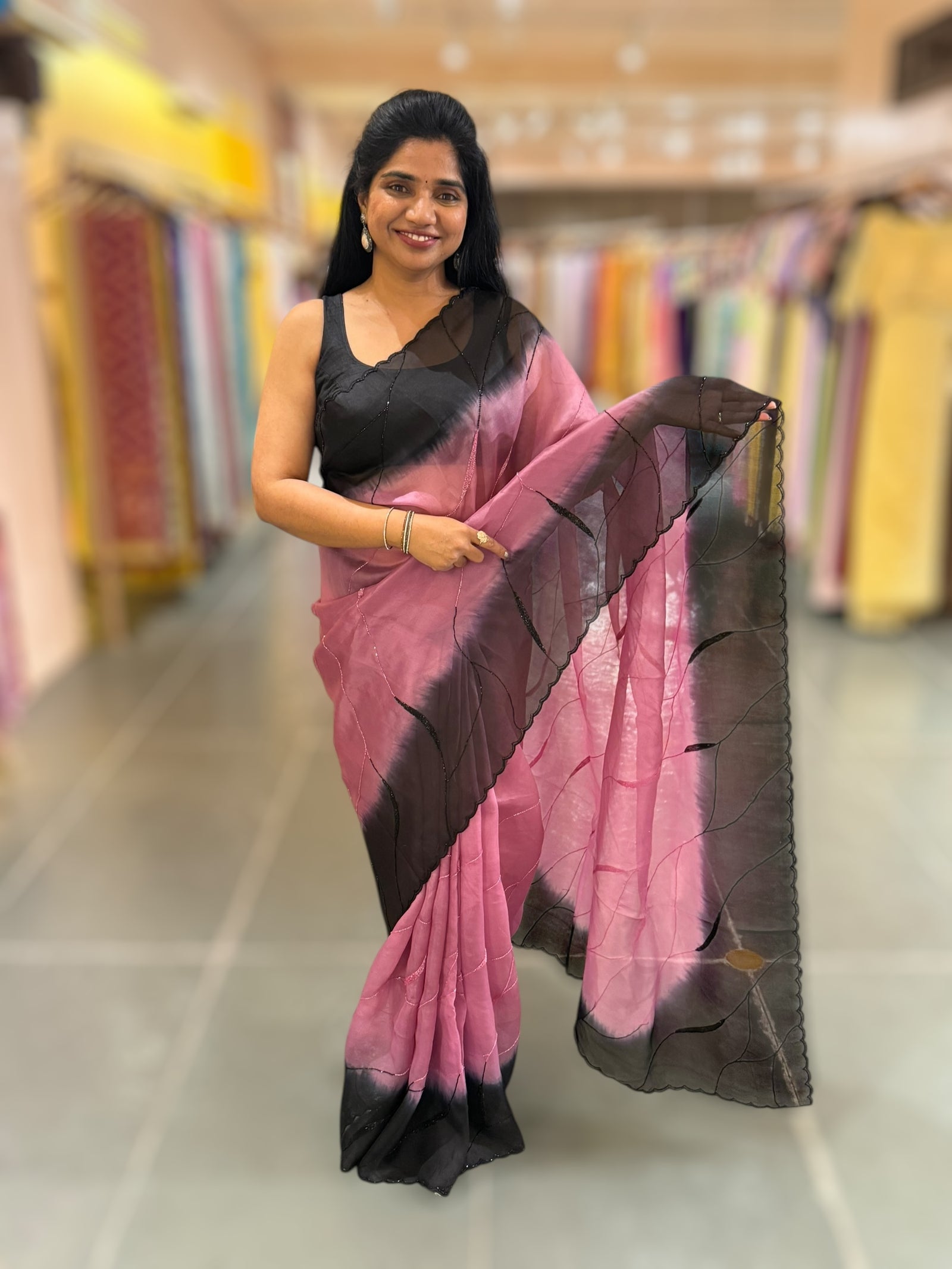 Rose Pink & Black Ombre Dyed Pure Organza handwork saree