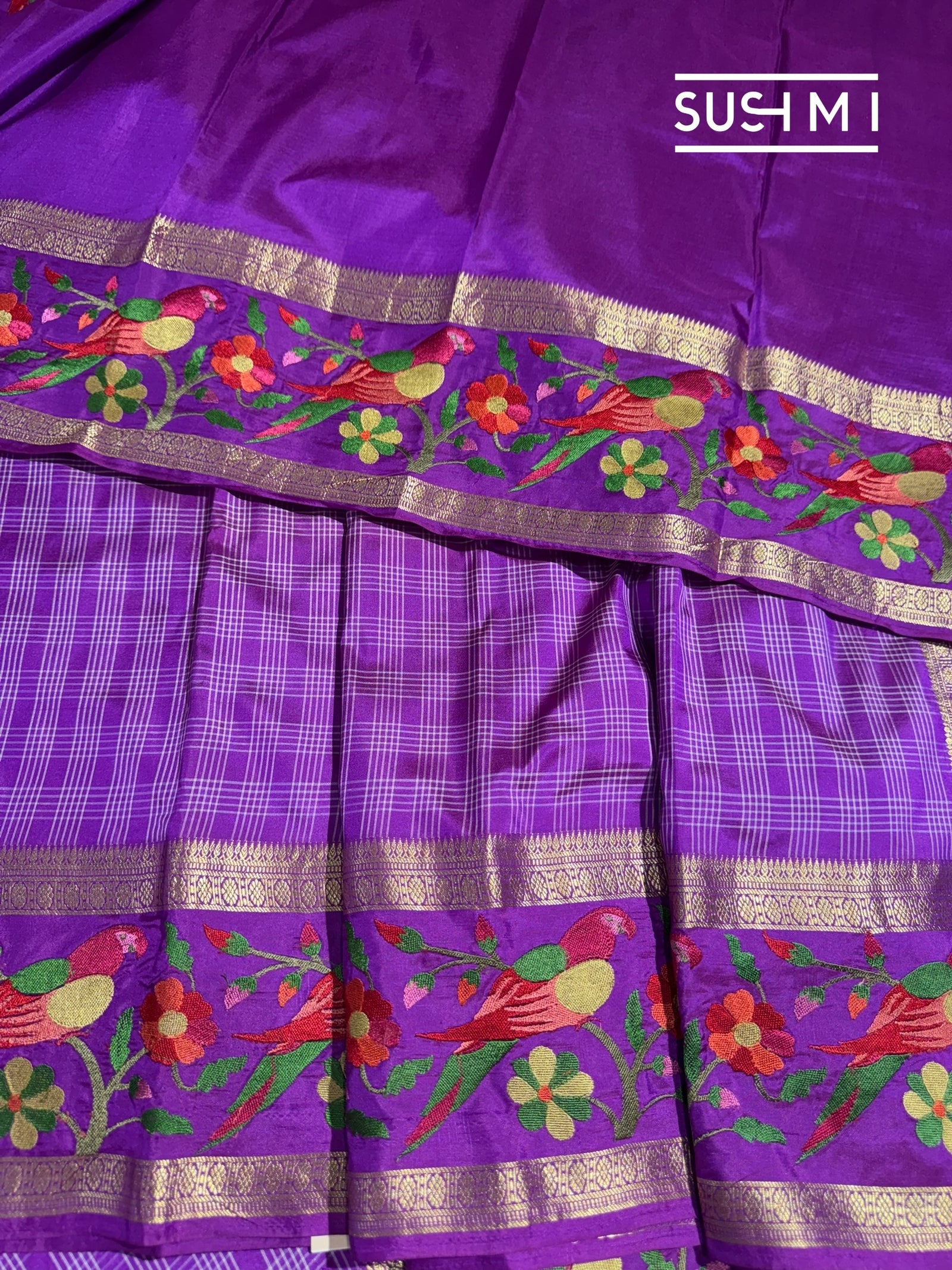 Majenta Vintage checks Kanjeevaram soft silk saree with embroidery D62F041