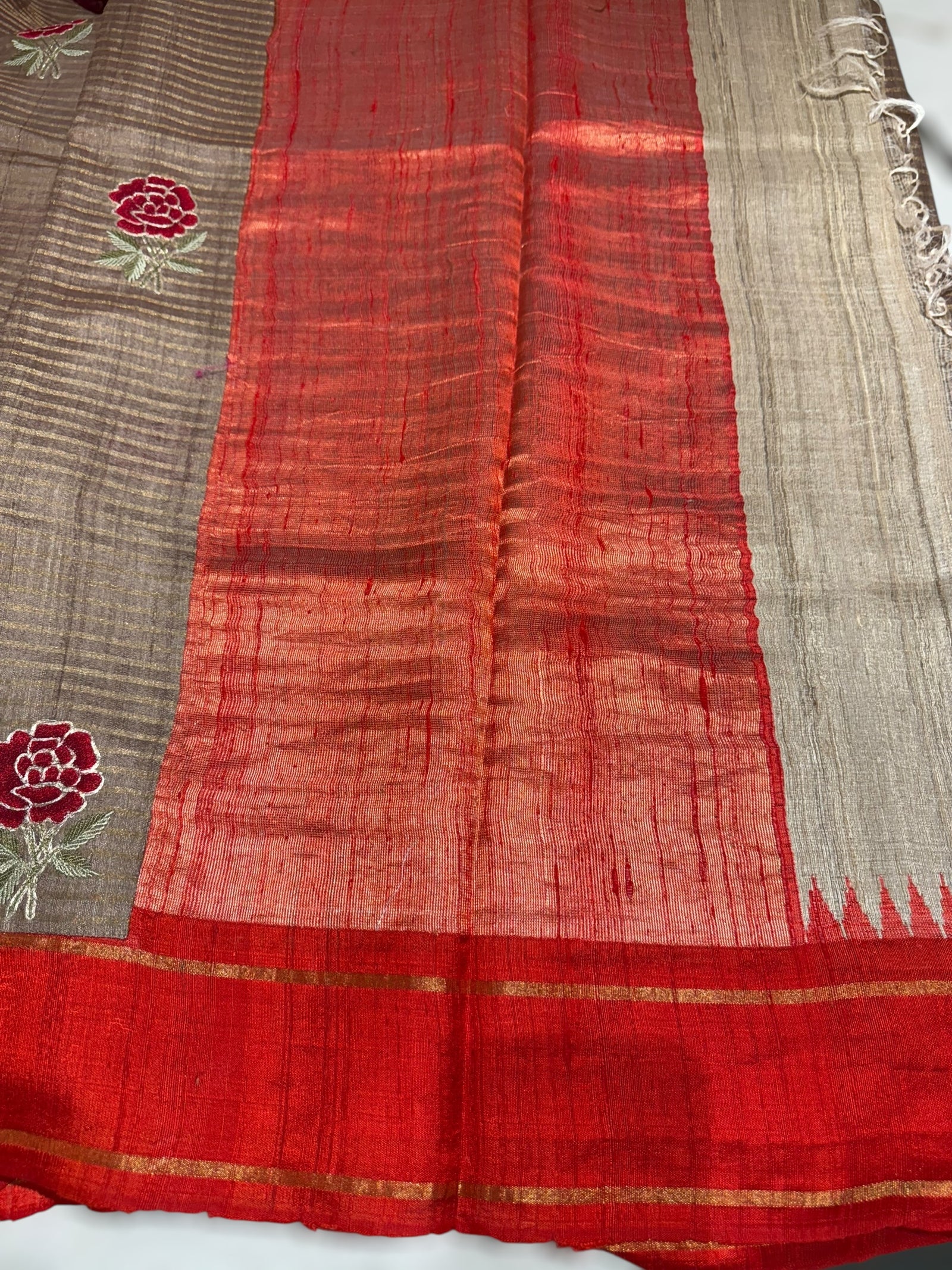 Chickoo Tussar Tissue and Silk fusion Saree with embroidery