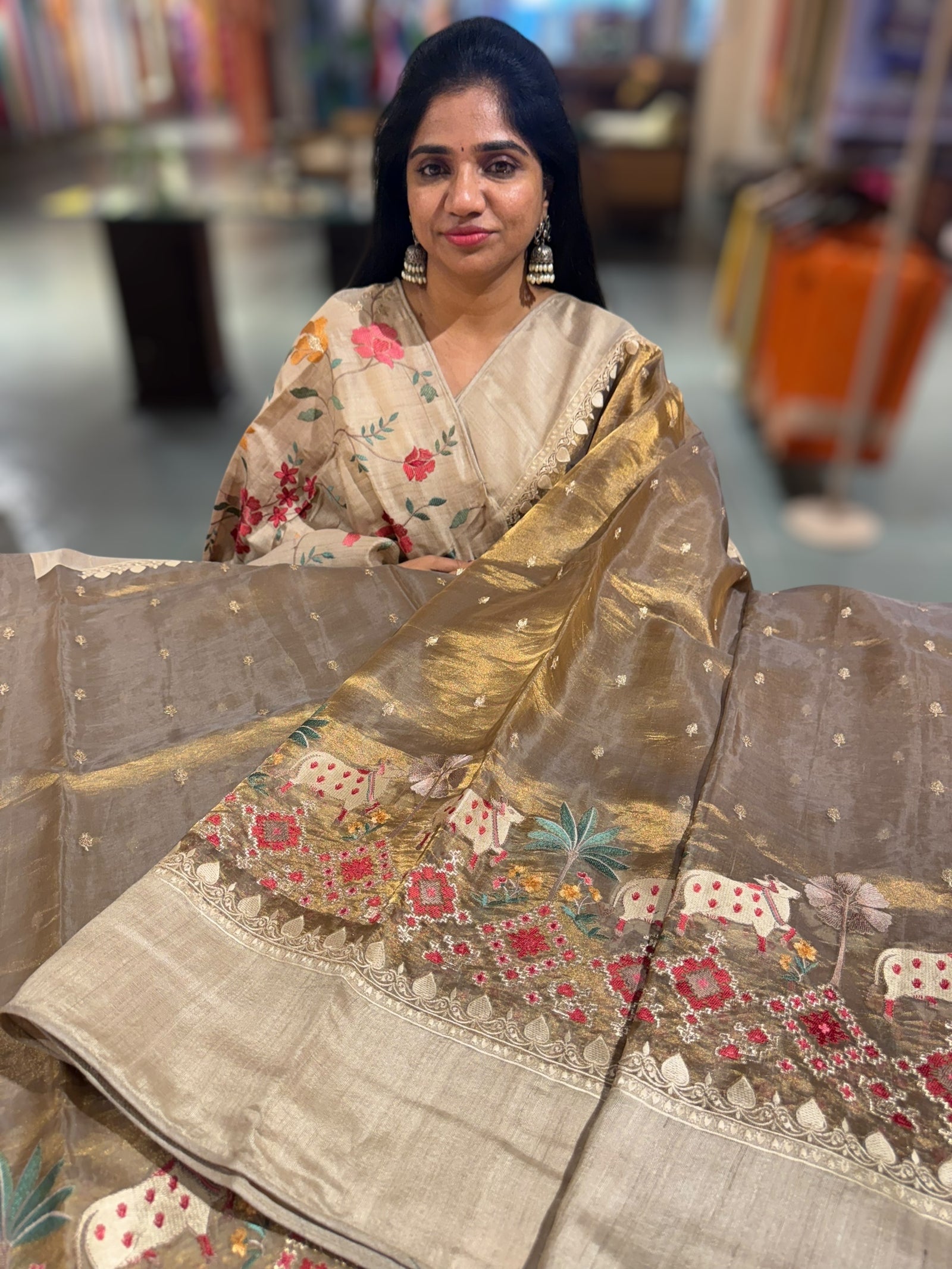Antique Gold Designer Tissue Saree