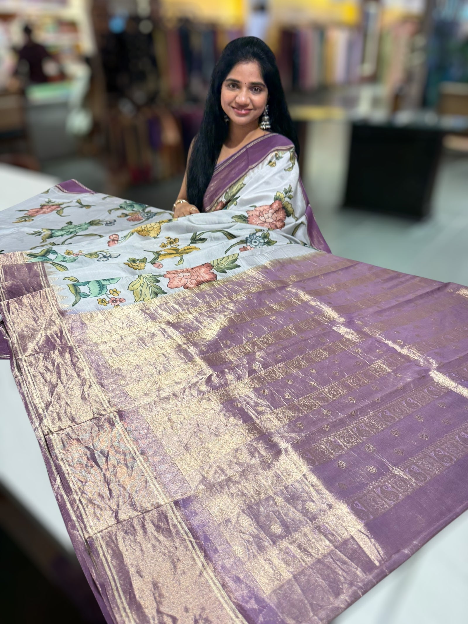 Silverish-Grey Kanjeevaram Designer print saree