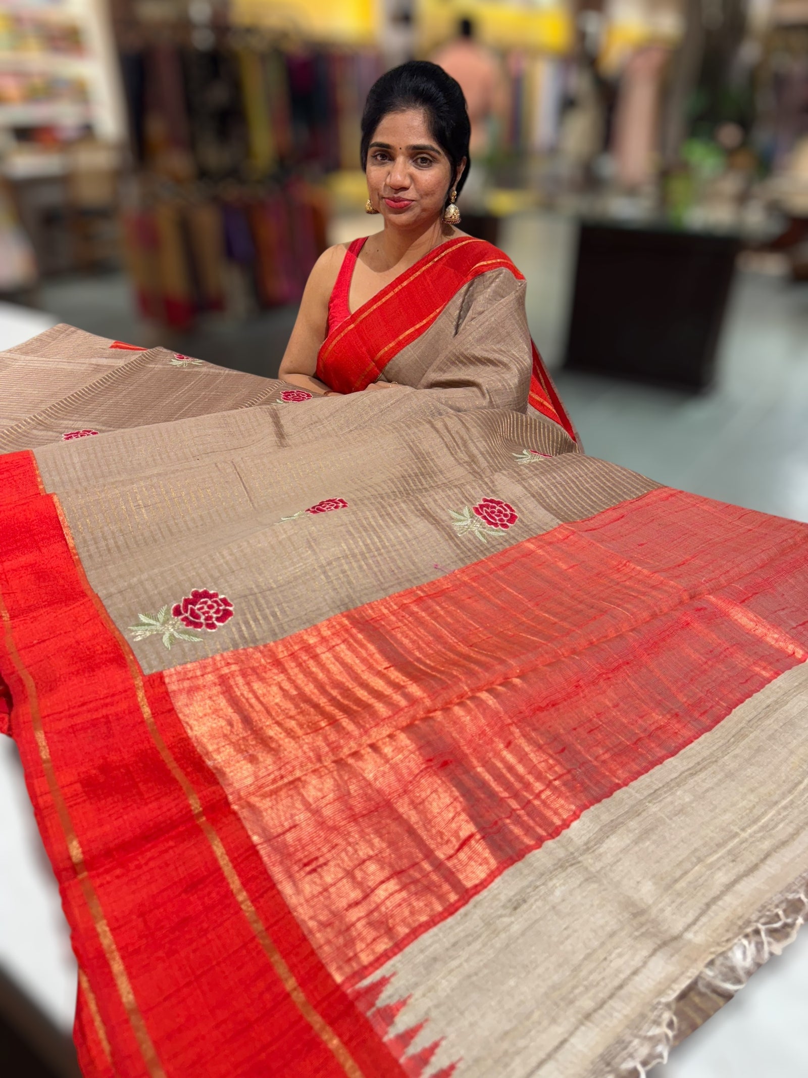 Chickoo Tussar Tissue and Silk fusion Saree with embroidery