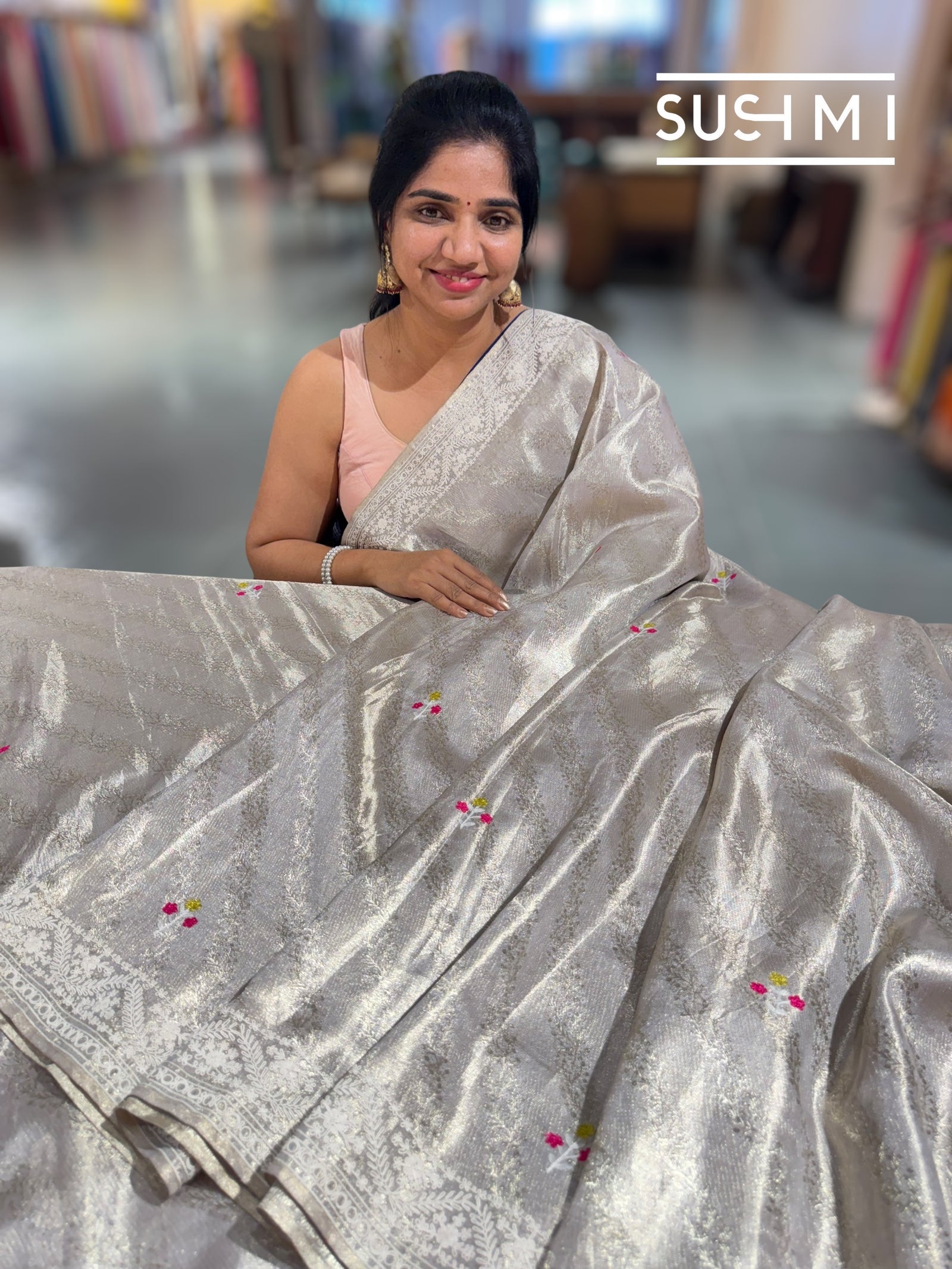 Silver Tissue Brocade Kanjeevaram with embroidery D62F038