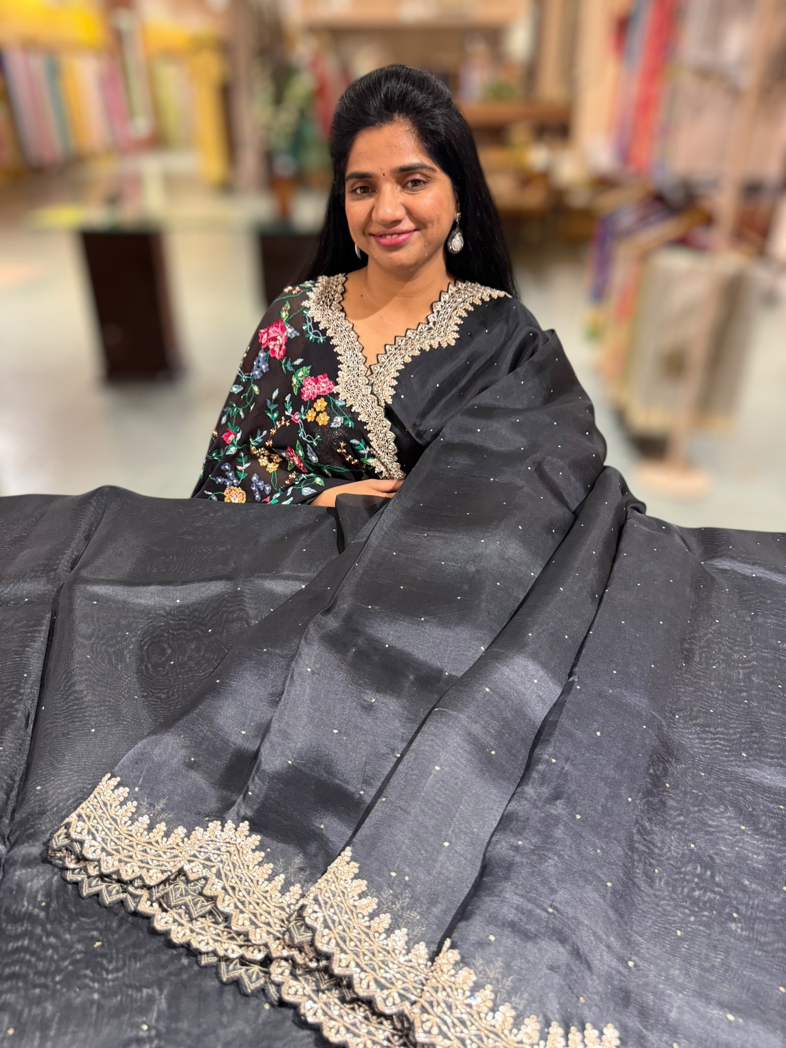 Black Pure Organza Handwork Saree with heavy Designer Blouse