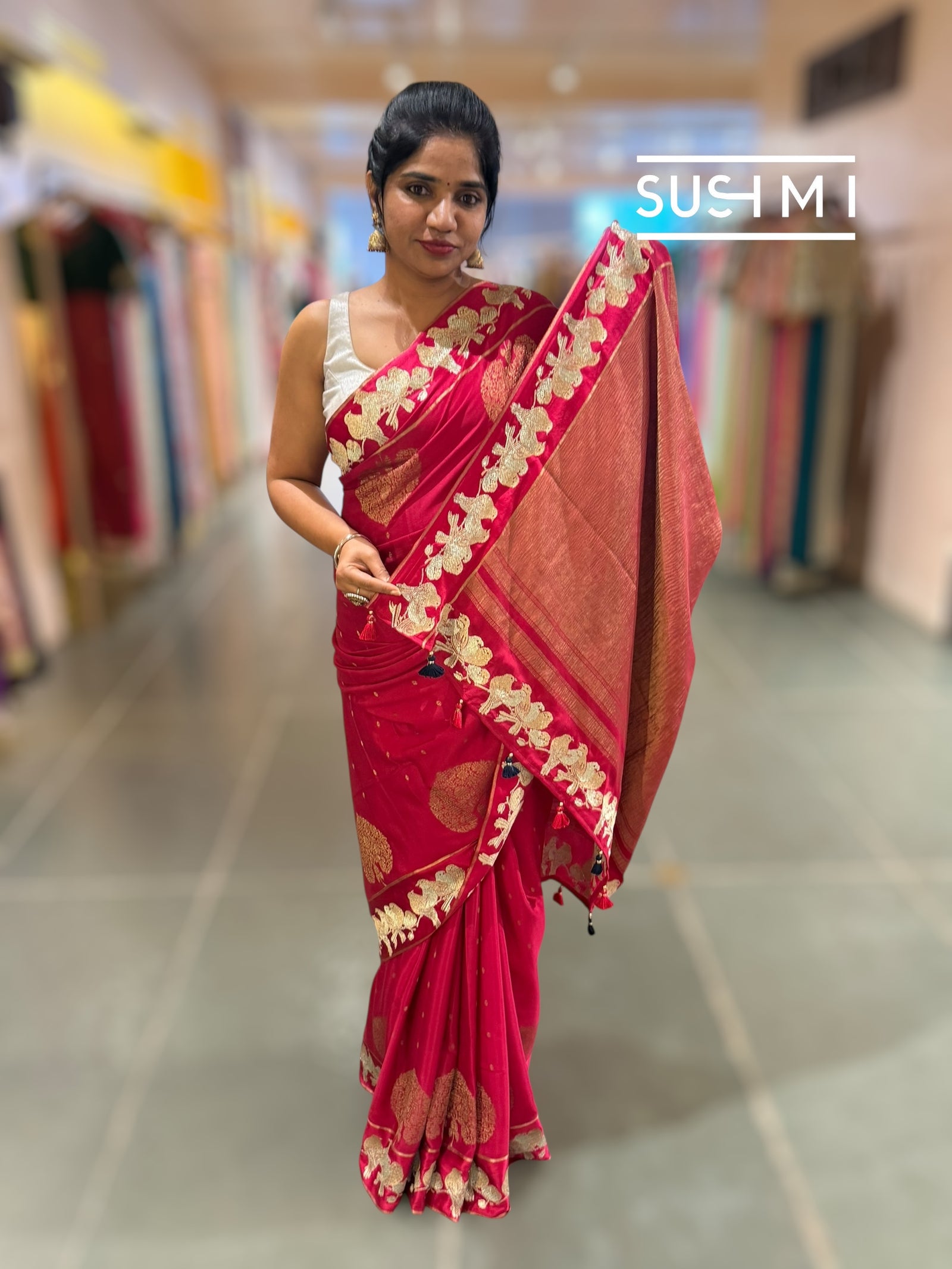 Dark Ruby Pink Mysore silk saree with woven motif and embroidered border : D62128