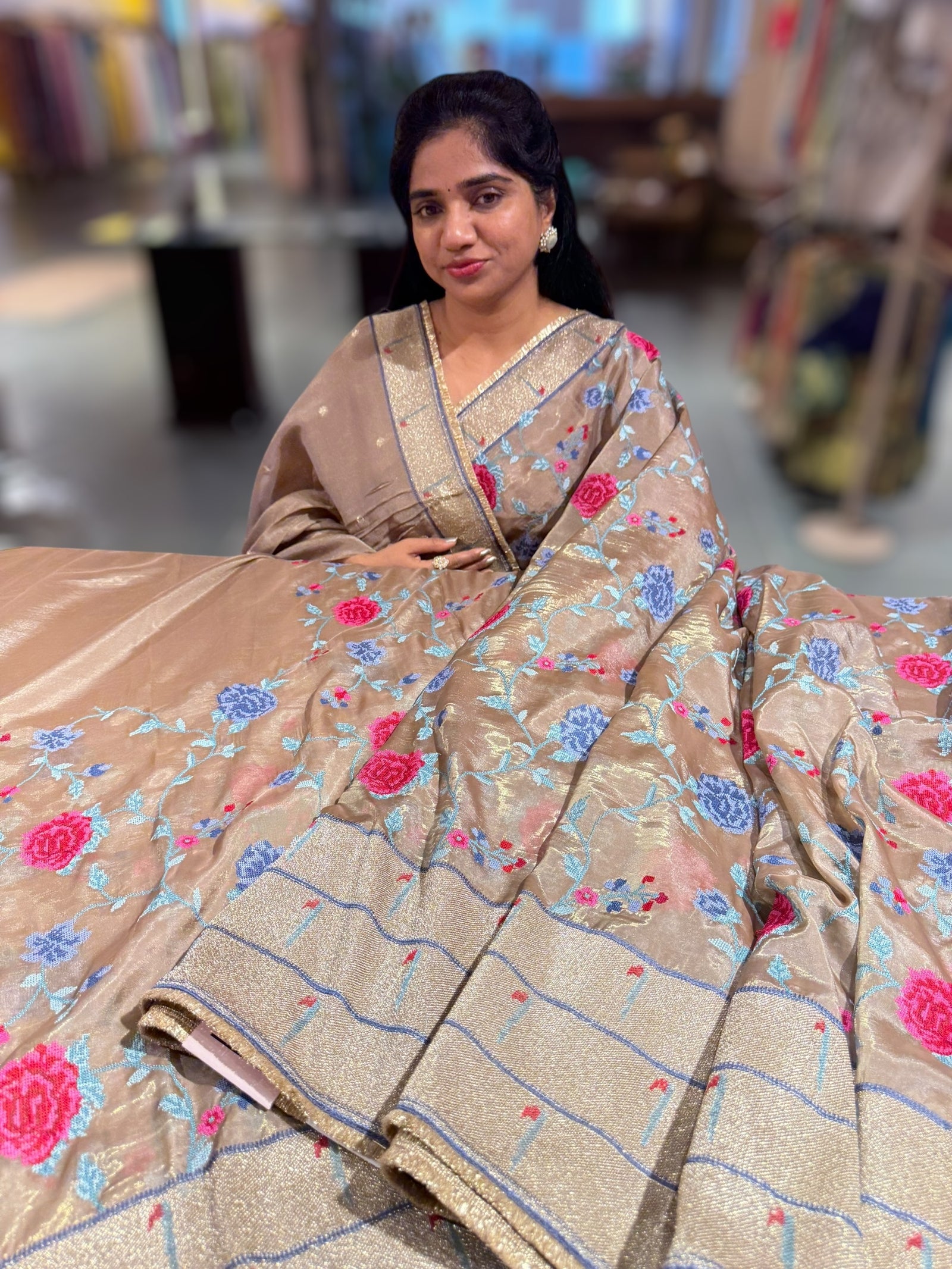 Earthy tone Tissue Saree with embroidery