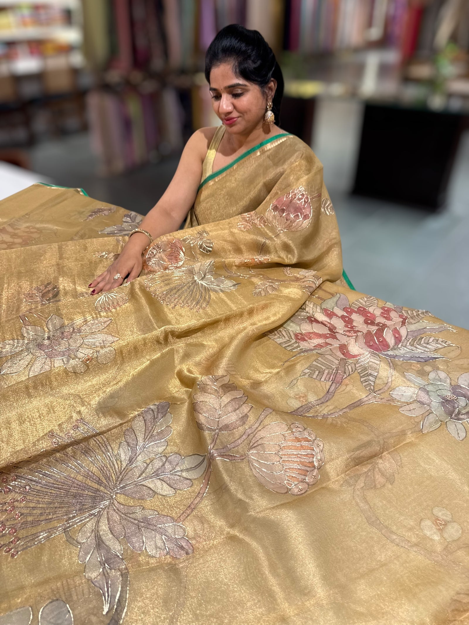 Gold Printed Banarasi Tissue with Handwork