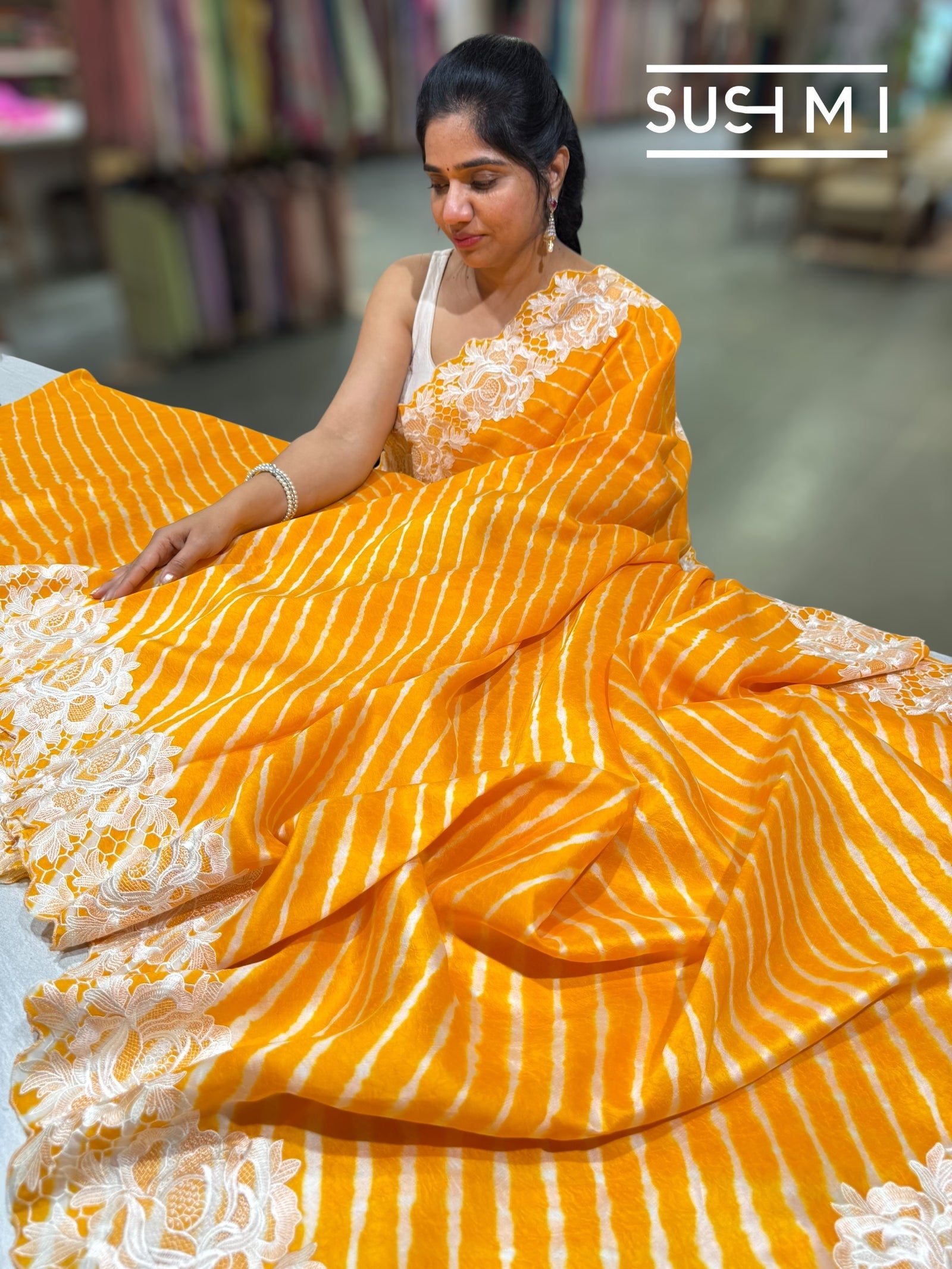 Marigold Orange habutai Silk lehariya Saree S62F067