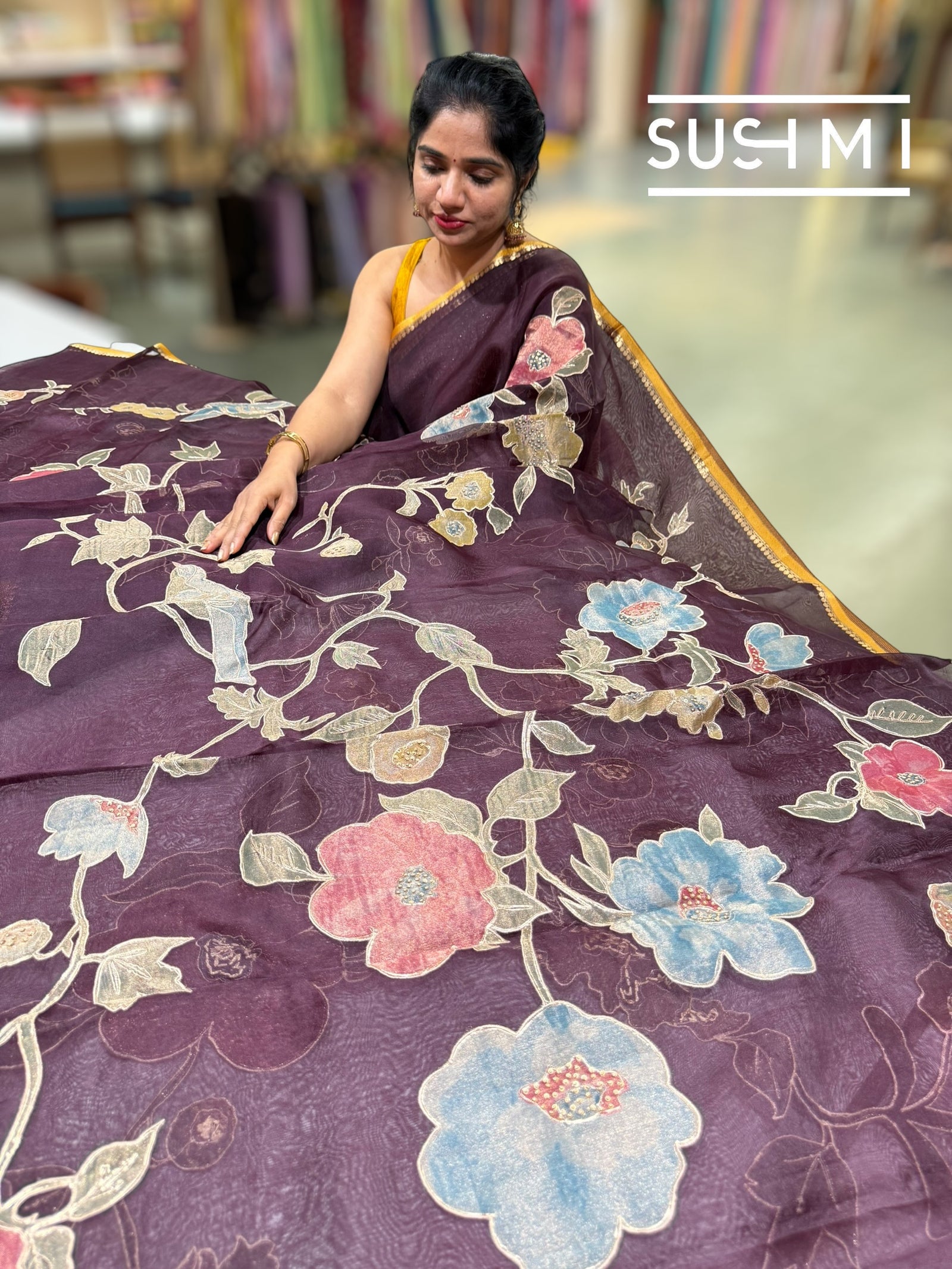 Winish Brown Designer Organza with Tissue applique work : S62F095