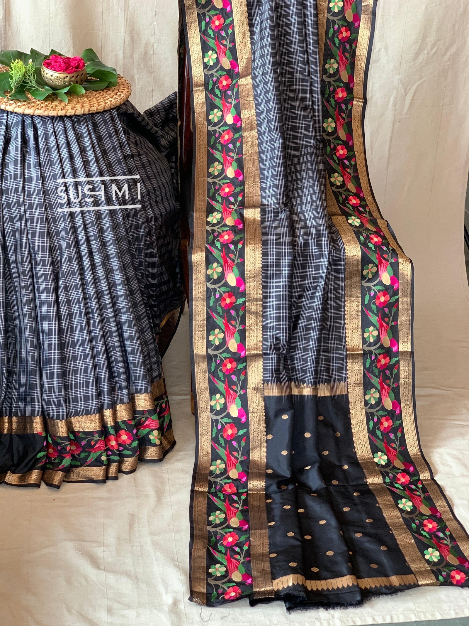 Black Vintage checks Kanjeevaram soft silk saree with embroidery D62F042