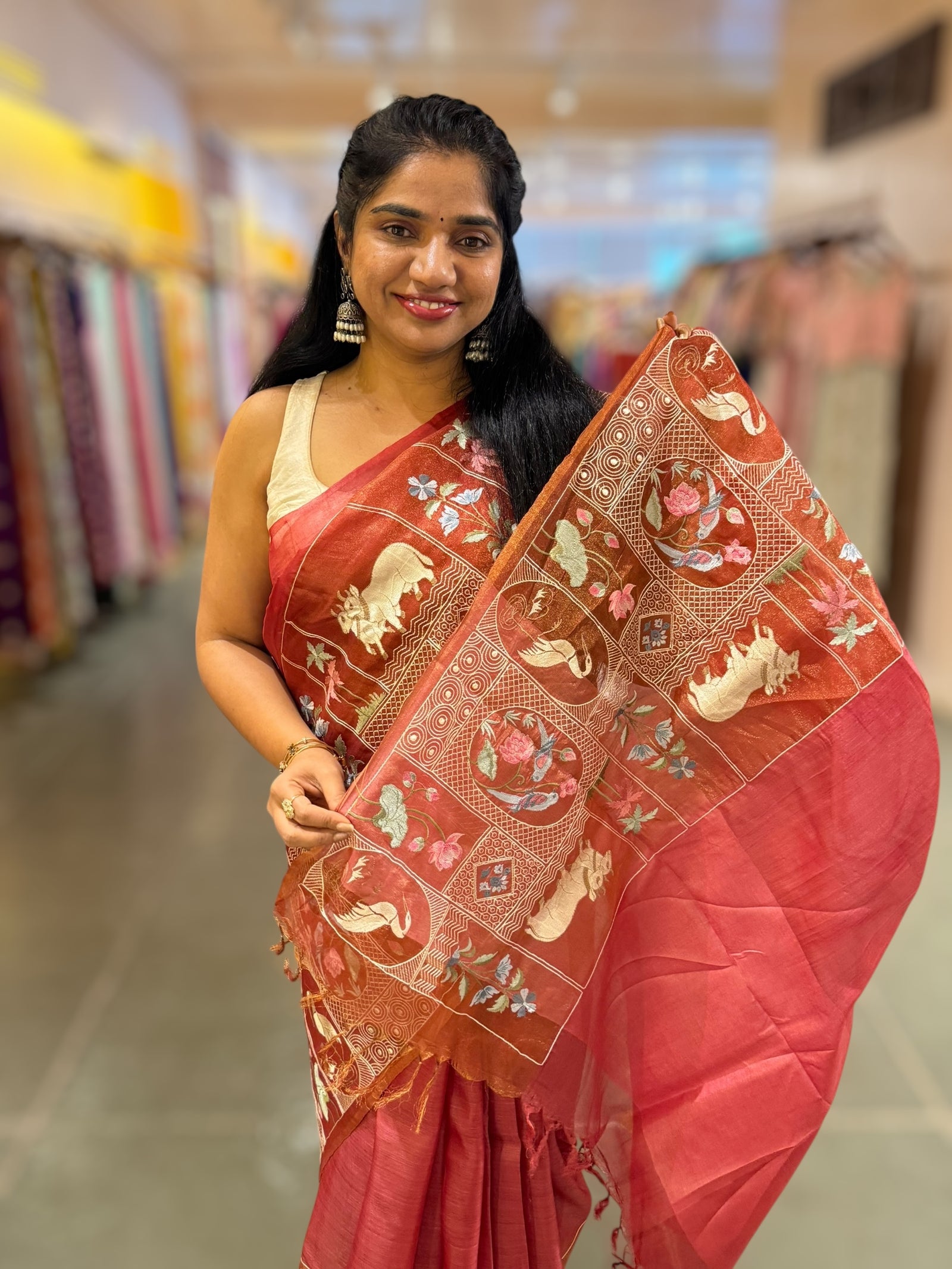Rust Red/ Brick Red Kora-Tussar blend Handloom Saree with Tissue embroidered Skirt Border
