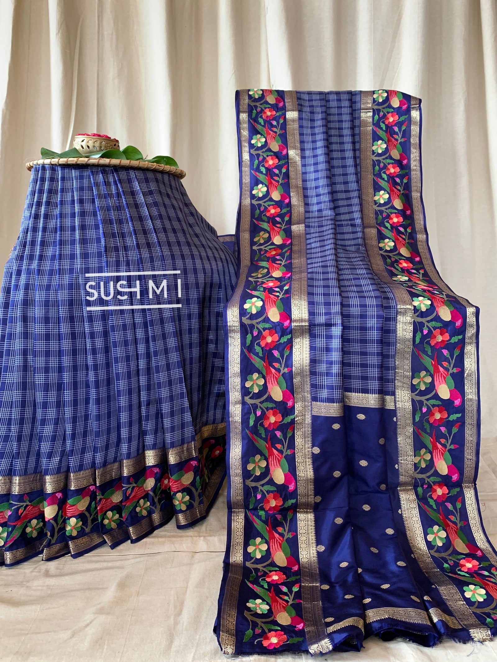 Midnight Blue Vintage checks Kanjeevaram soft silk saree with embroidery D62F040