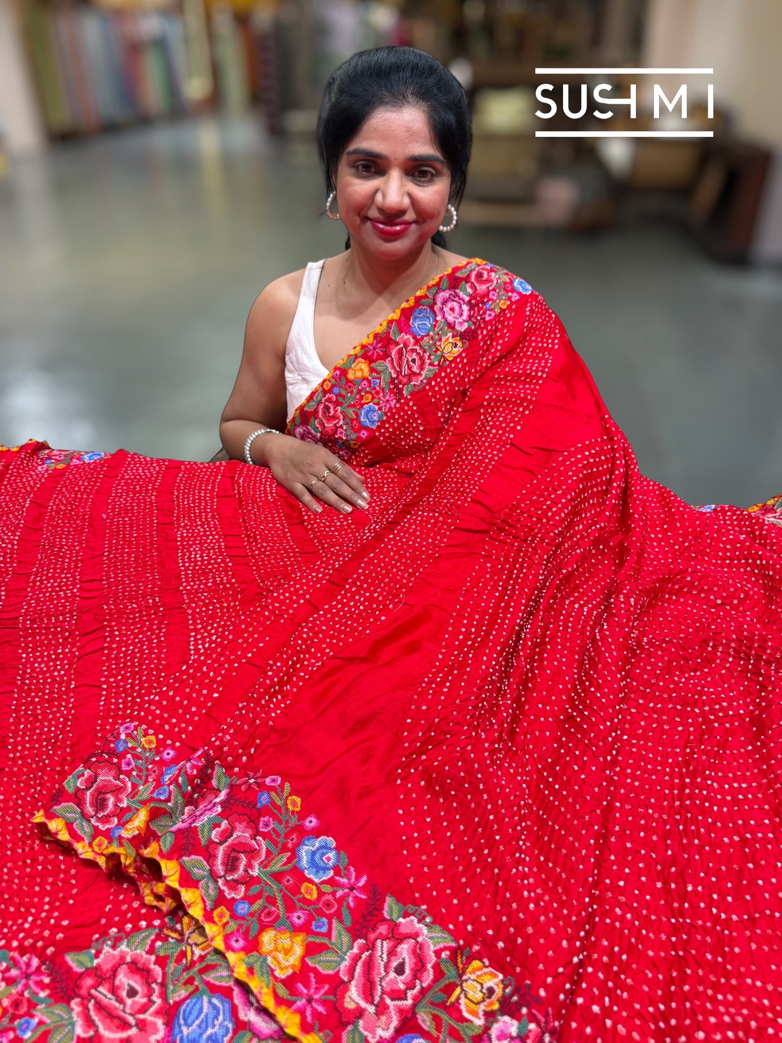 Chilli Red Pure Gajji Silk Rai bandhej Saree with petite point embroidery : SM082