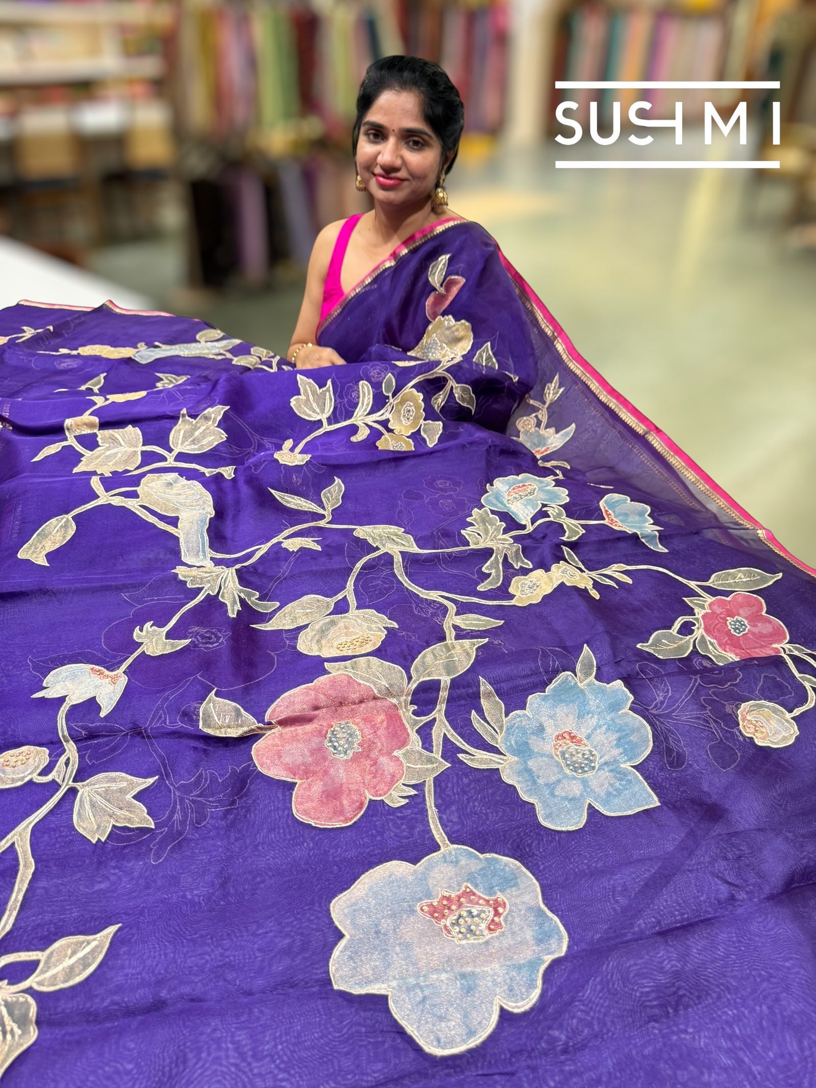 Purple Designer Organza with Tissue applique work : S62F096